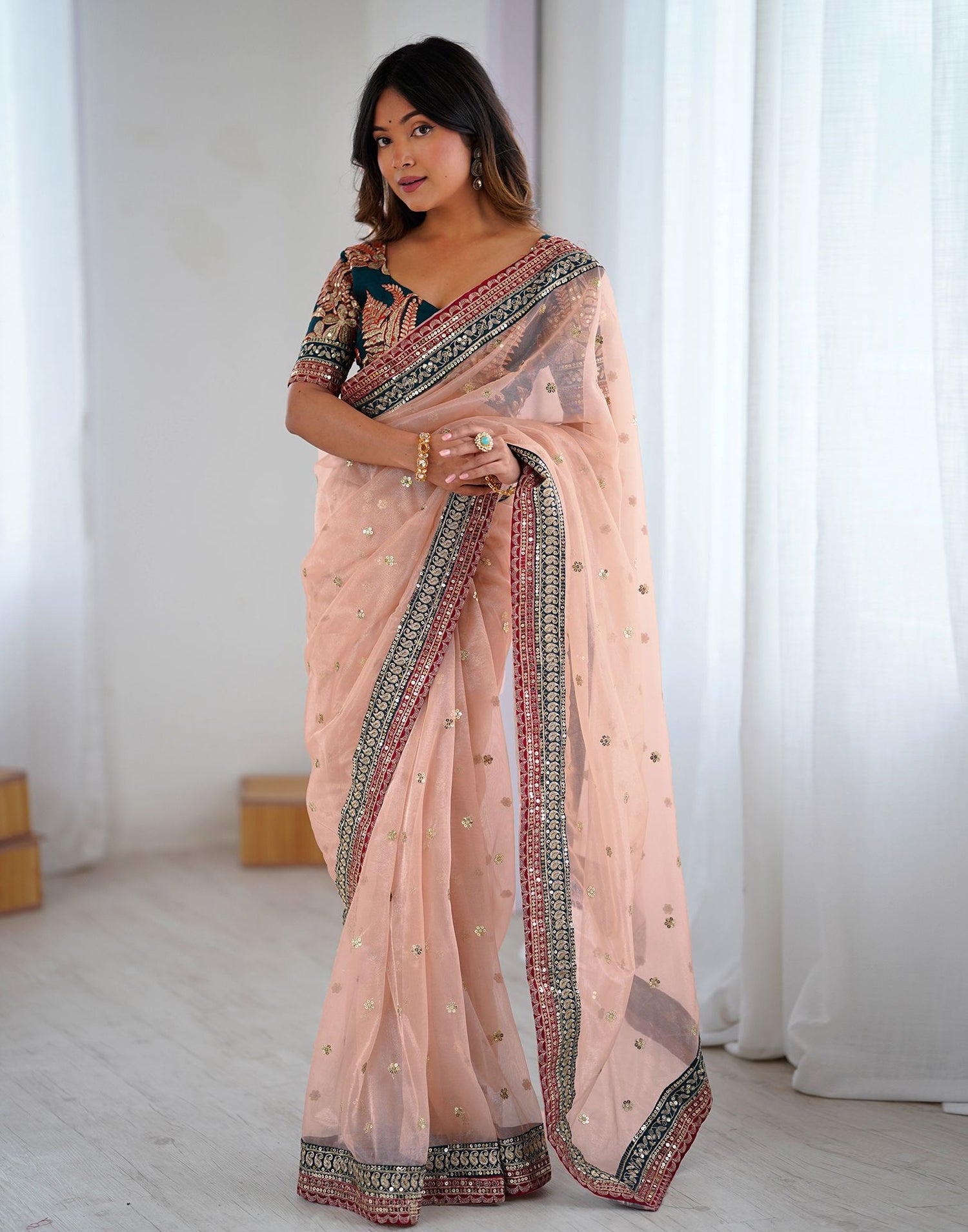 Peach Pink Shimmer Sequence Saree
