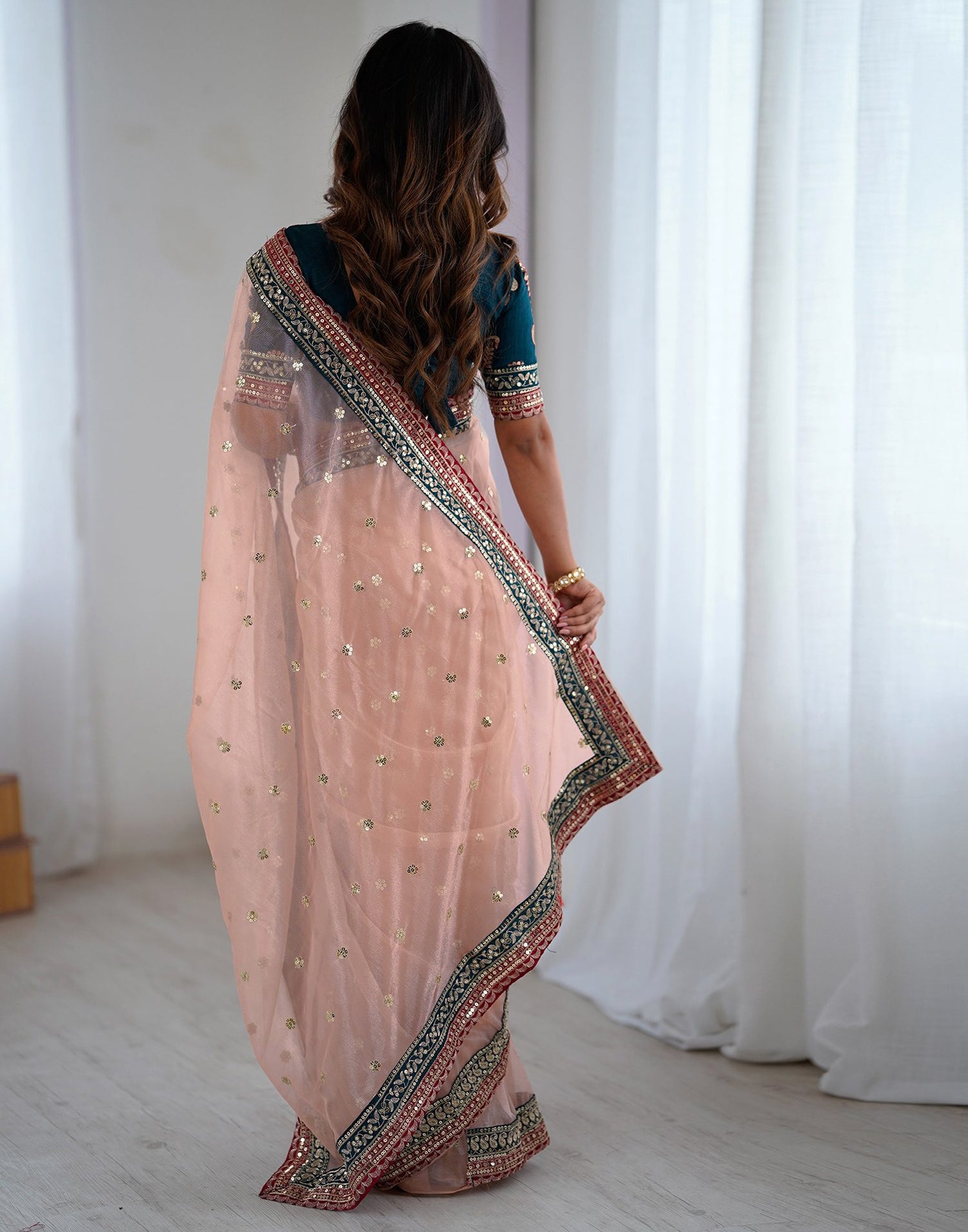 Peach Pink Shimmer Sequence Saree