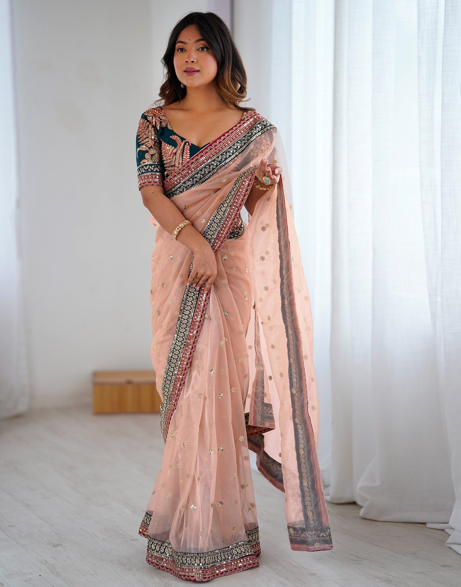 Peach Pink Shimmer Sequence Saree