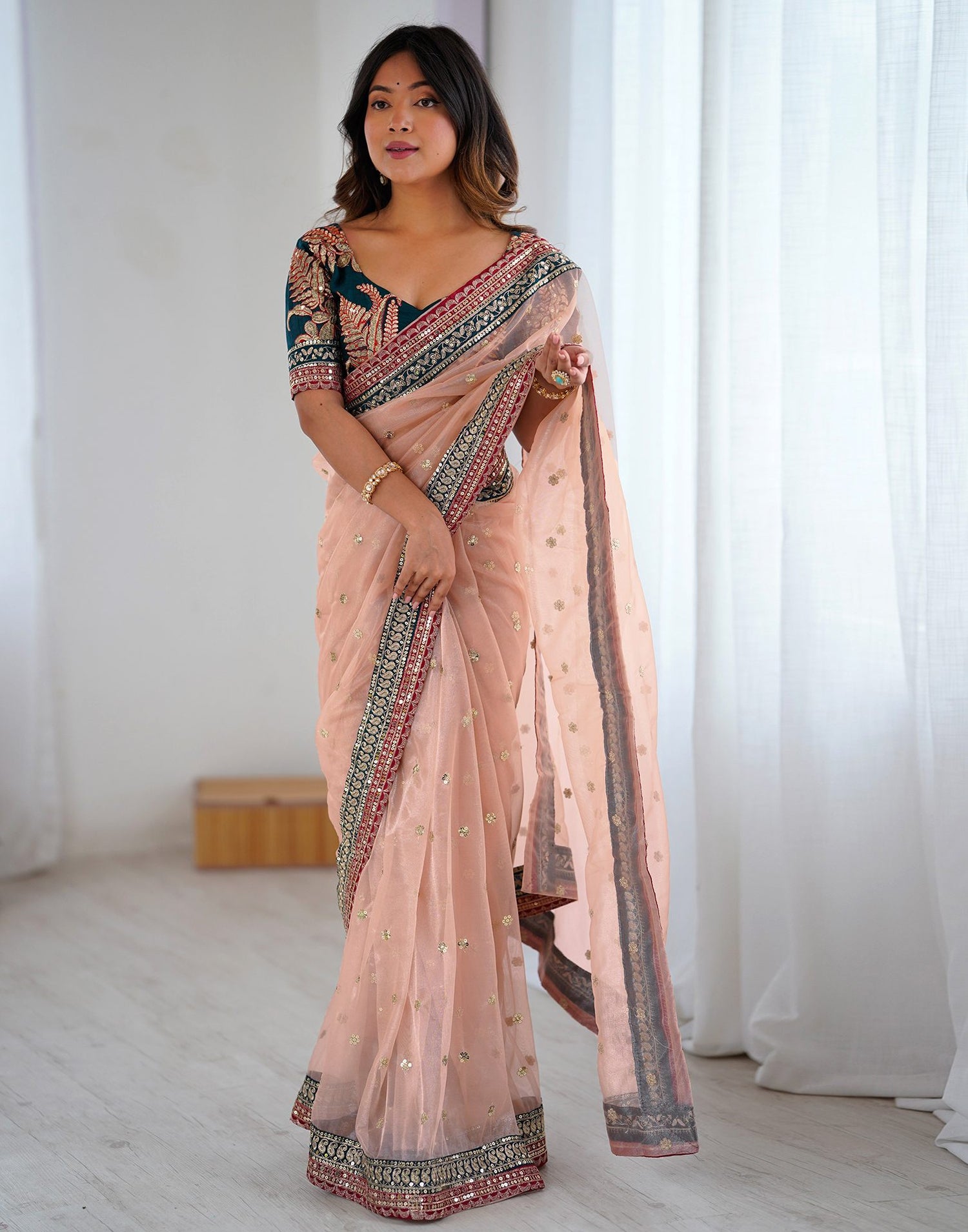 Peach Pink Shimmer Sequence Saree