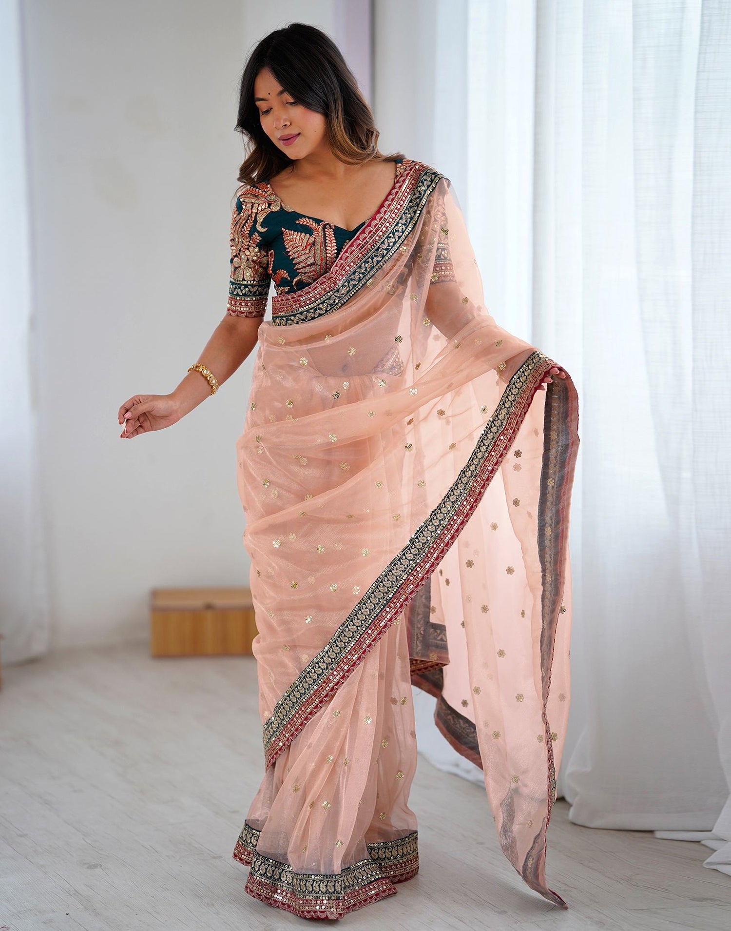 Peach Pink Shimmer Sequence Saree