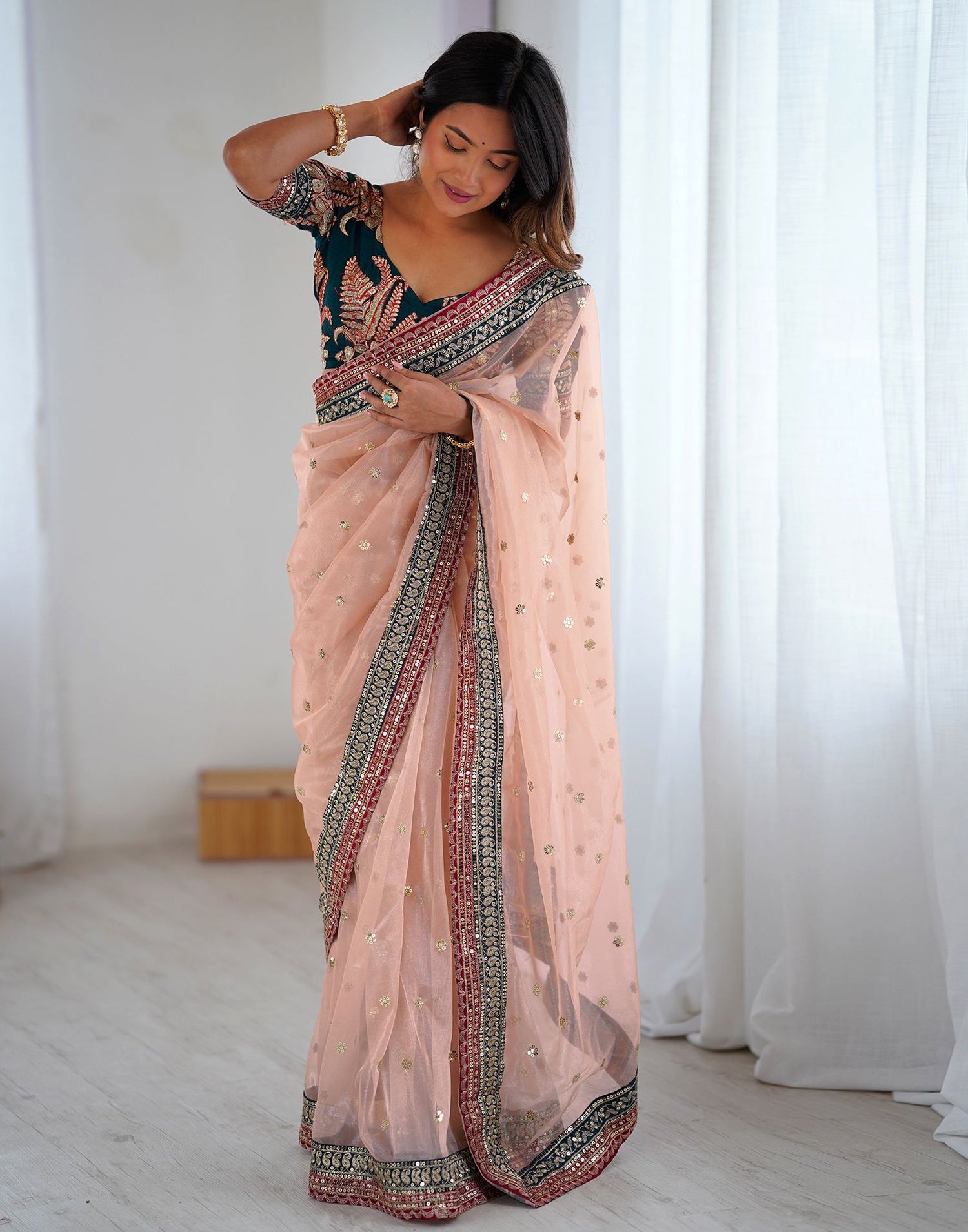 Peach Pink Shimmer Sequence Saree