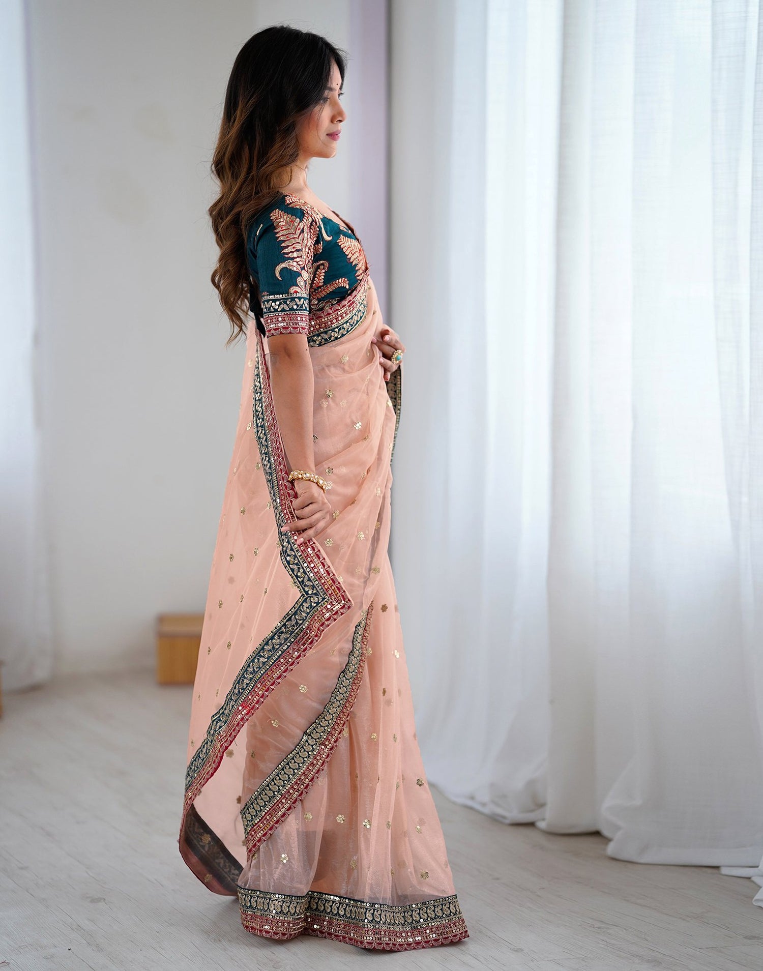 Peach Pink Shimmer Sequence Saree