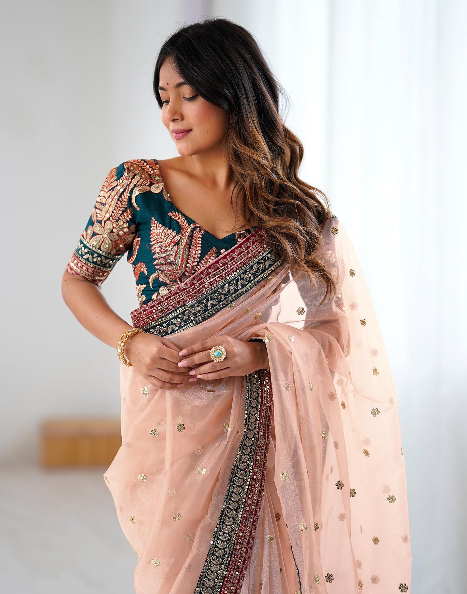 Peach Pink Shimmer Sequence Saree
