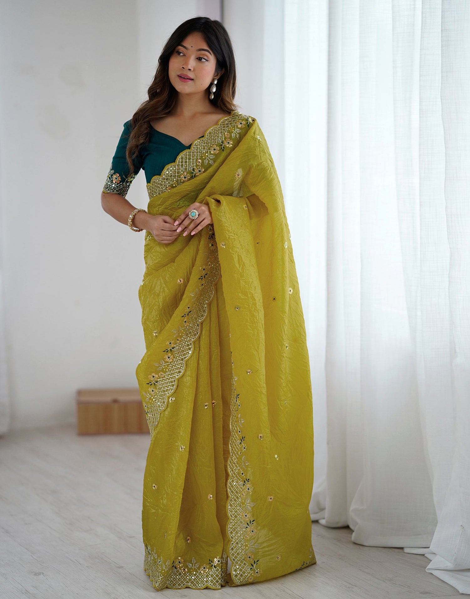 Lime Green Tissue Silk Sequence Embroidery Saree