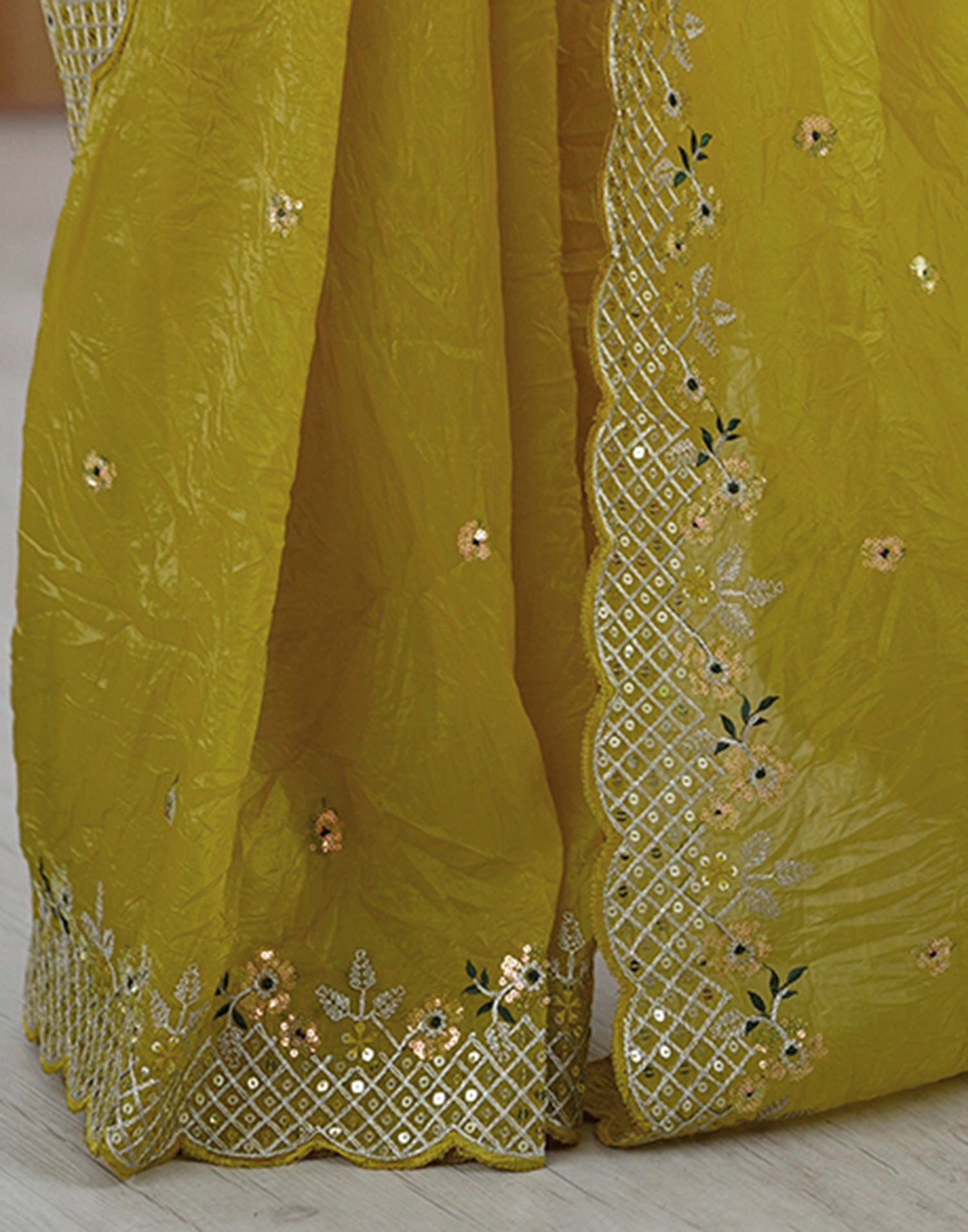 Lime Green Tissue Silk Sequence Embroidery Saree
