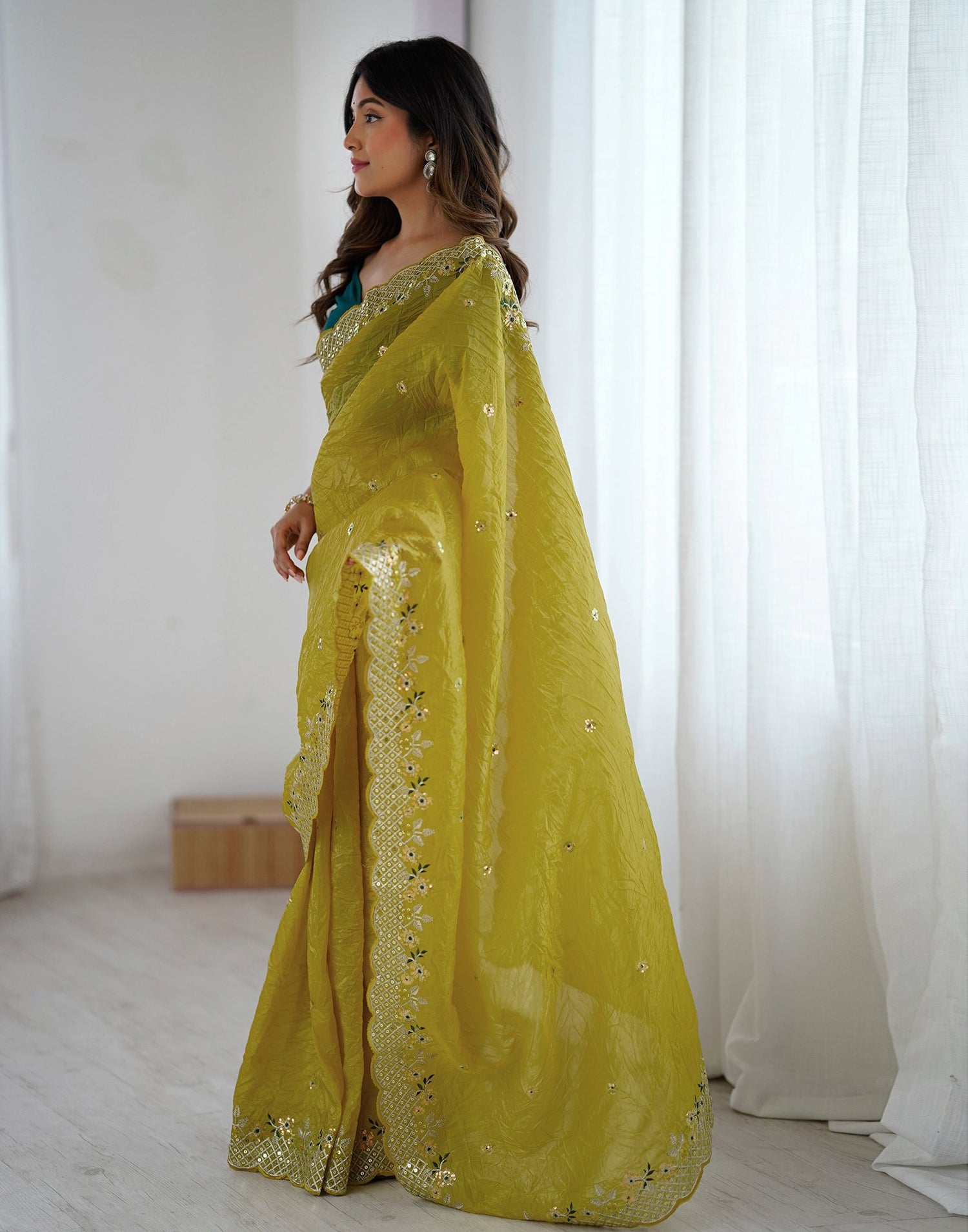 Lime Green Tissue Silk Sequence Embroidery Saree