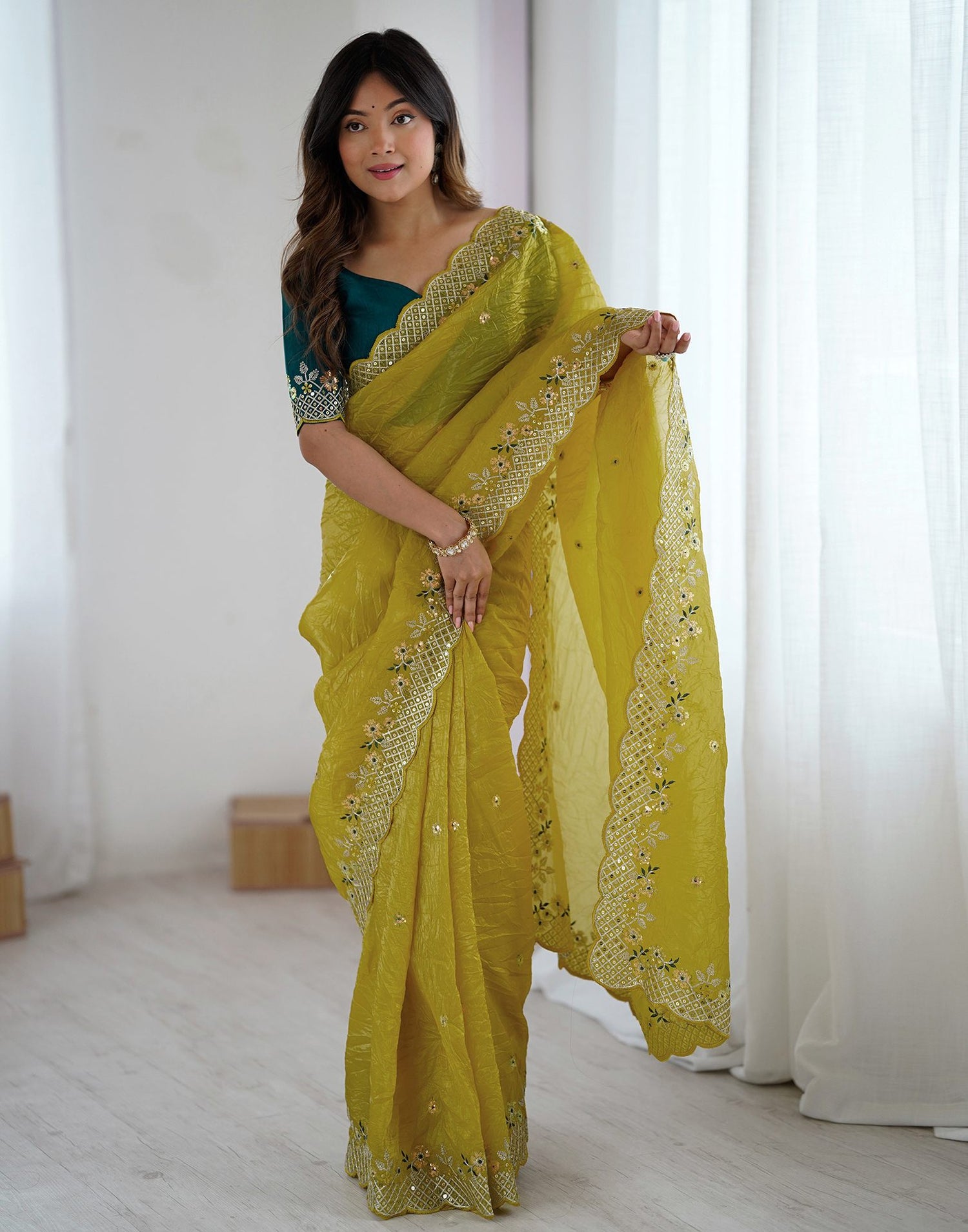 Lime Green Tissue Silk Sequence Embroidery Saree