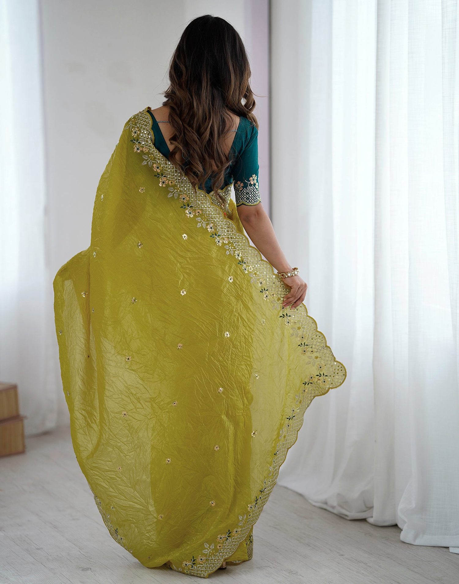 Lime Green Tissue Silk Sequence Embroidery Saree