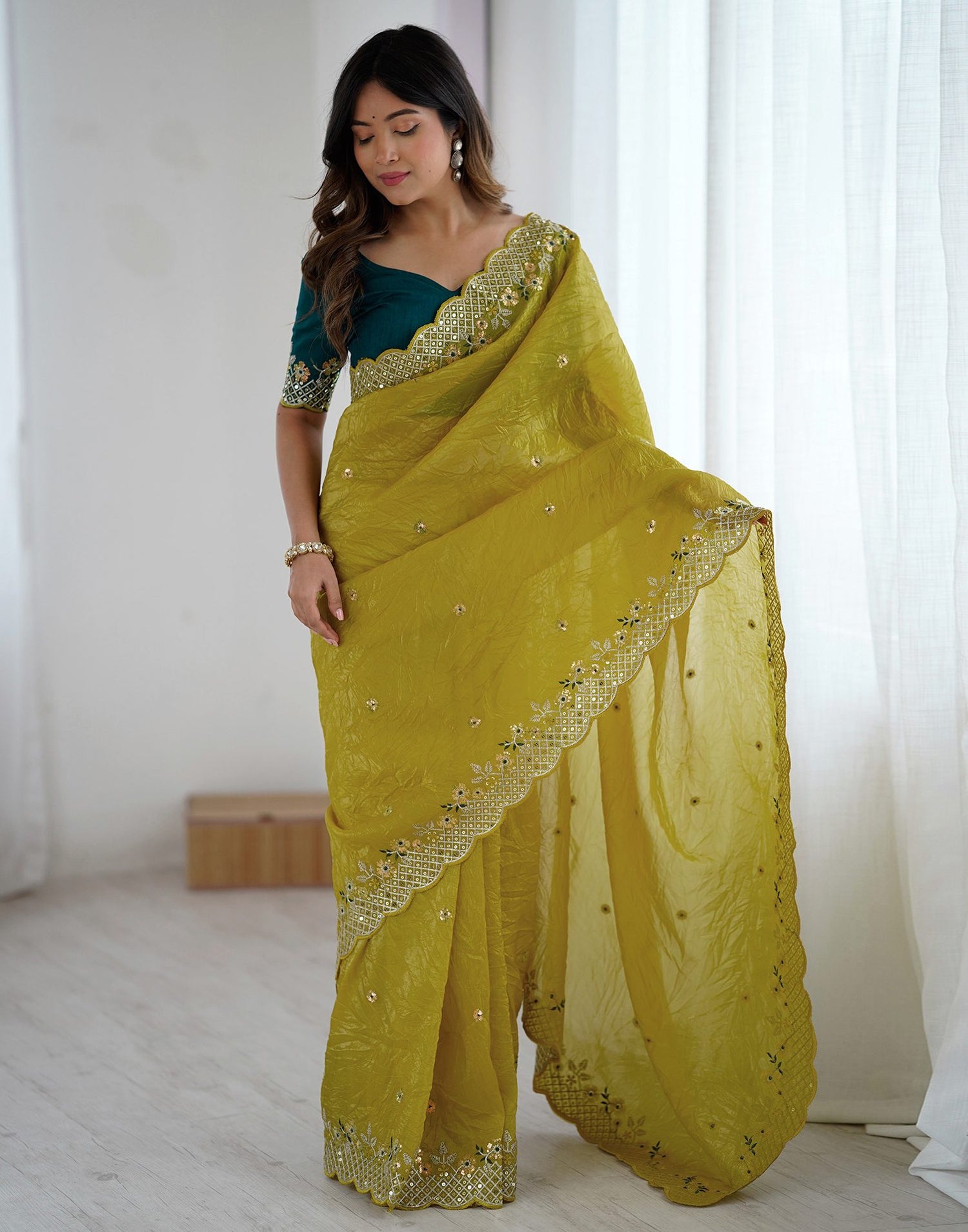 Lime Green Tissue Silk Sequence Embroidery Saree