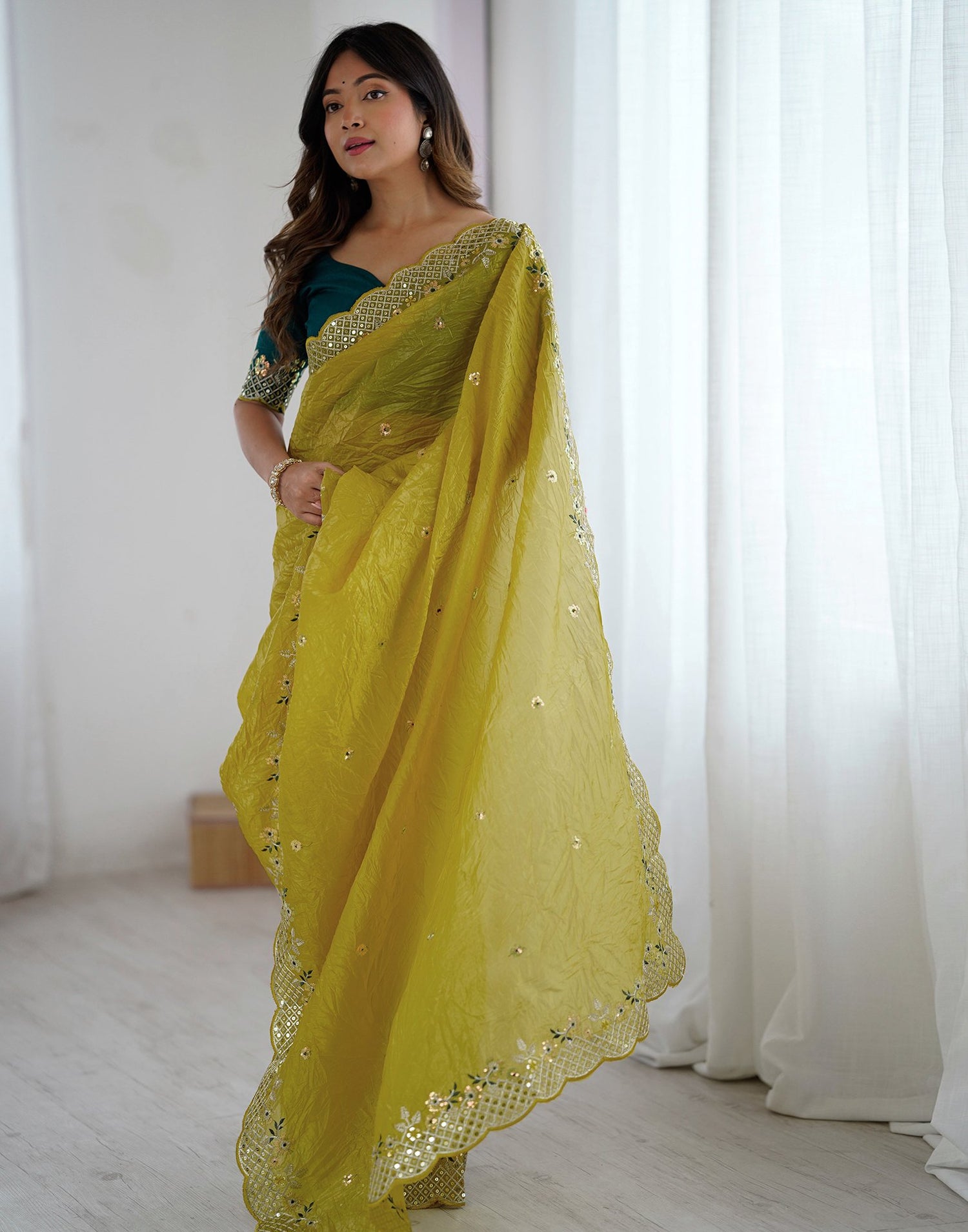 Lime Green Tissue Silk Sequence Embroidery Saree