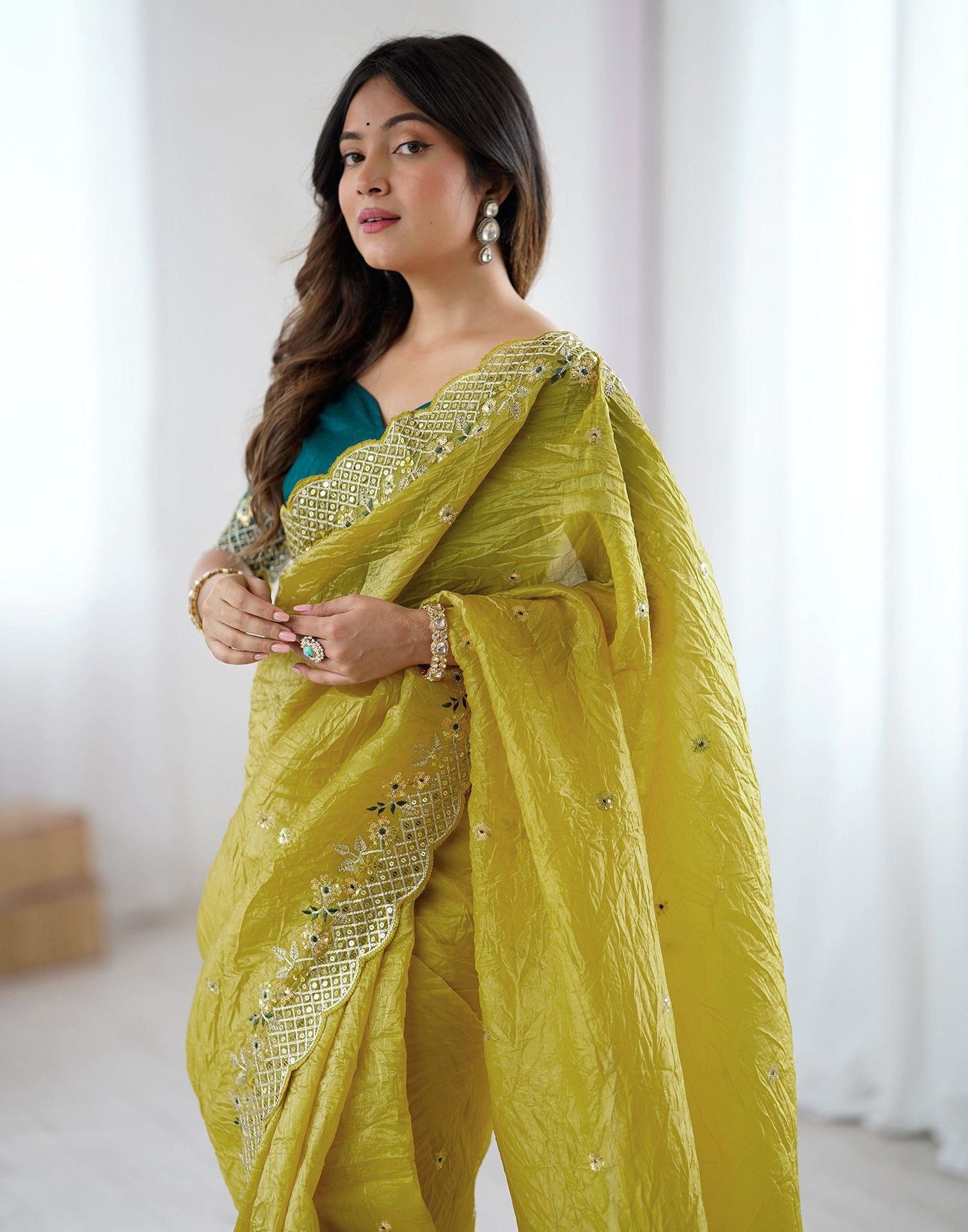 Lime Green Tissue Silk Sequence Embroidery Saree