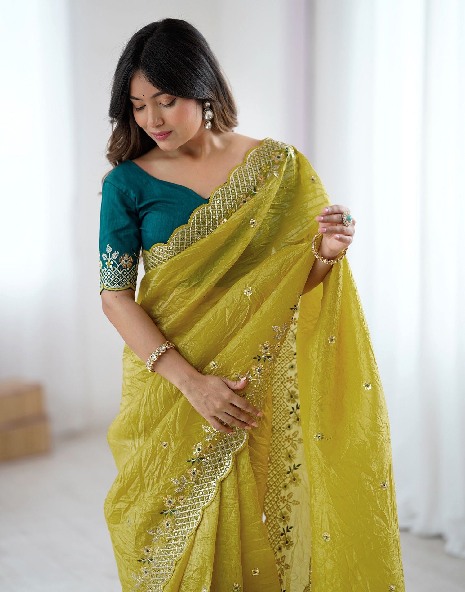 Lime Green Tissue Silk Sequence Embroidery Saree