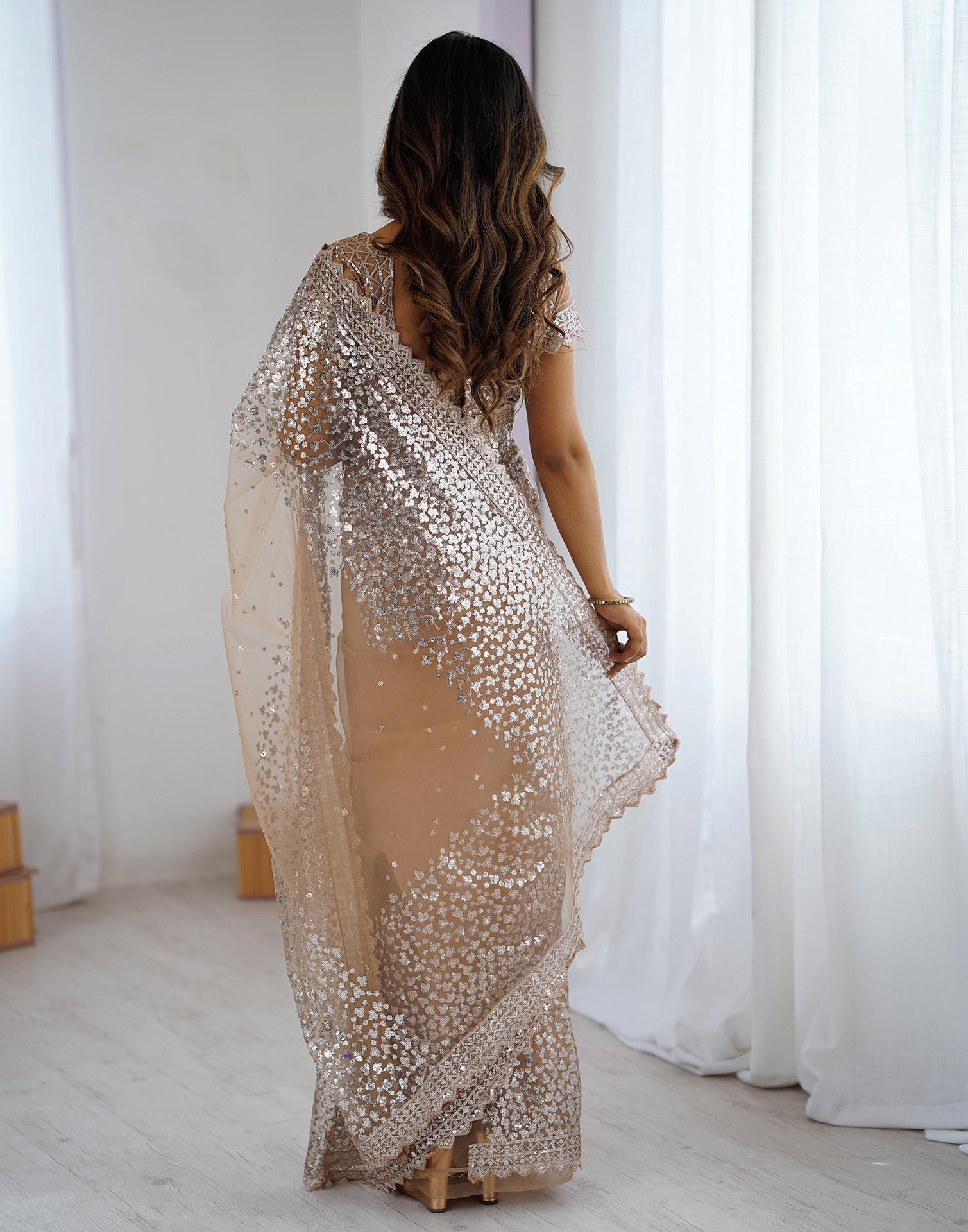 Dark Beige Net Sequence Saree