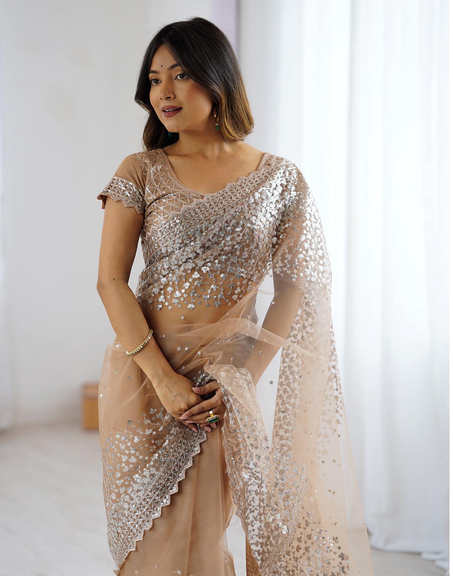 Dark Beige Net Sequence Saree