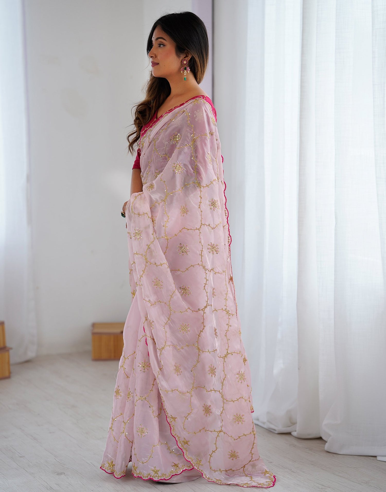 Light Pink Tissue Silk Sequence Embroidery Saree