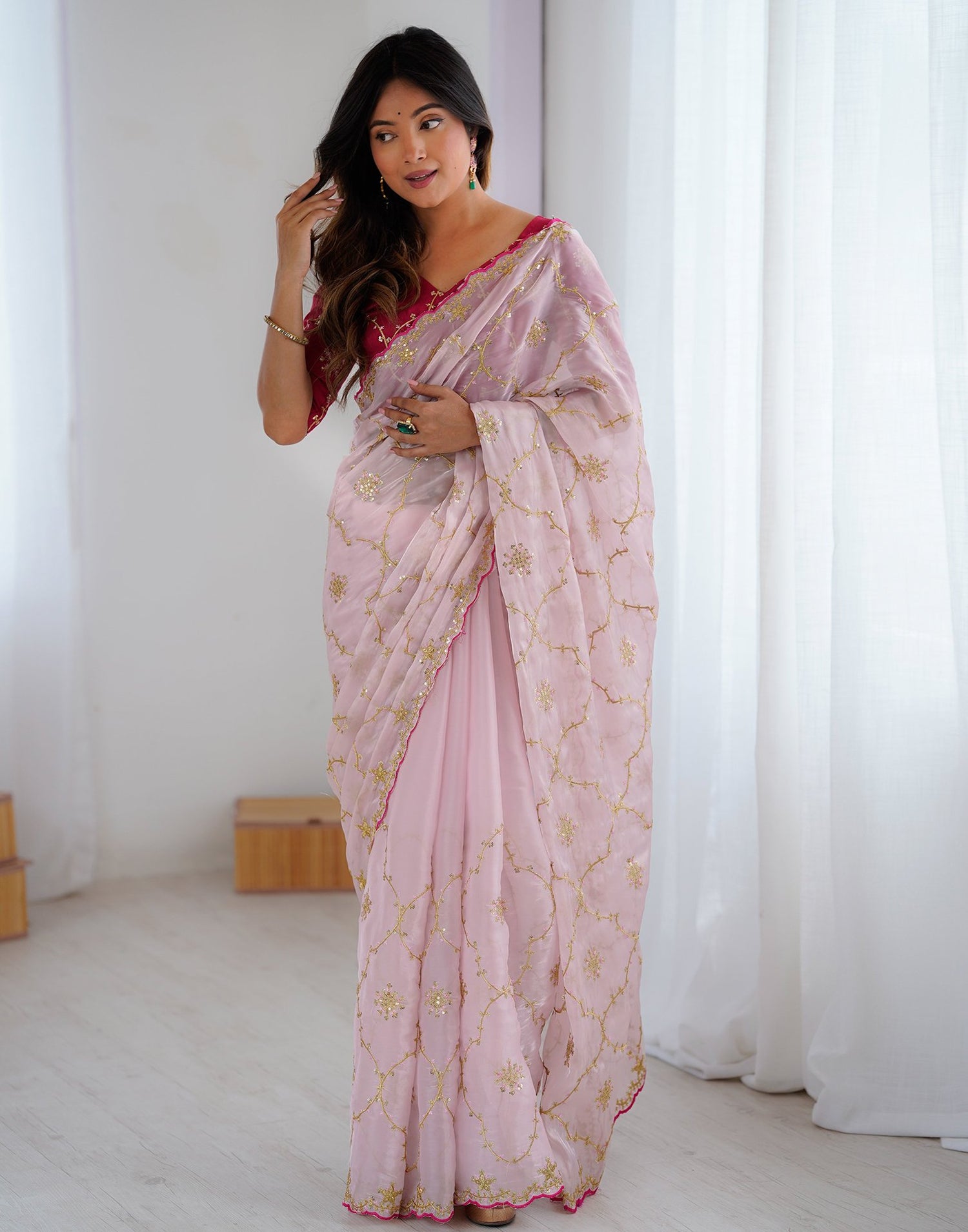 Light Pink Tissue Silk Sequence Embroidery Saree