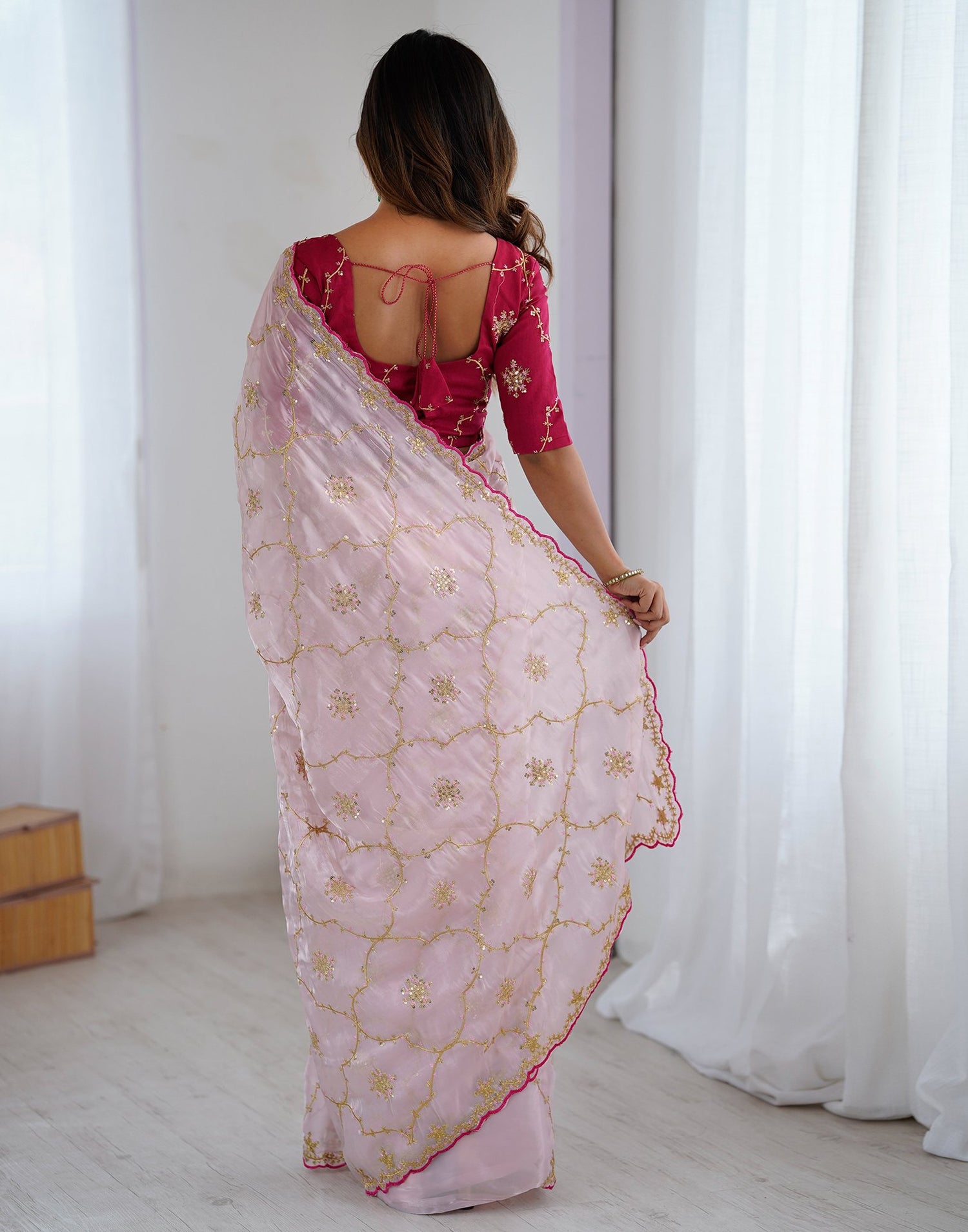 Light Pink Tissue Silk Sequence Embroidery Saree