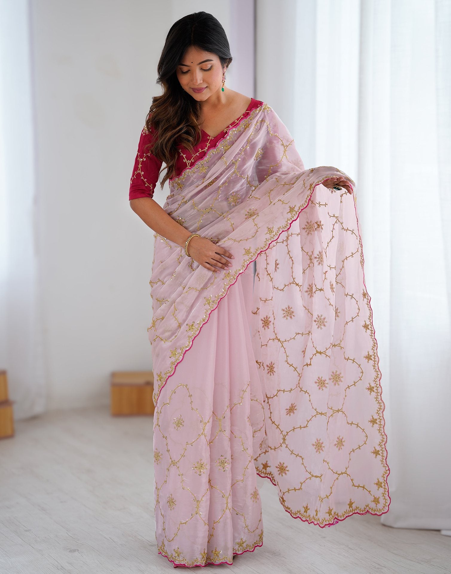 Light Pink Tissue Silk Sequence Embroidery Saree