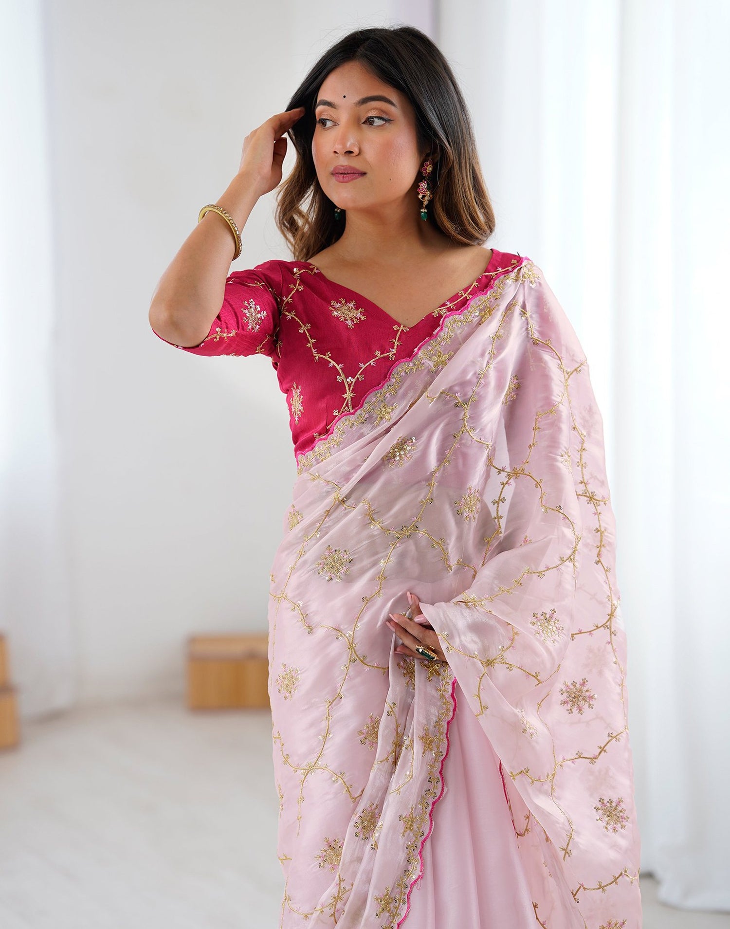 Light Pink Tissue Silk Sequence Embroidery Saree