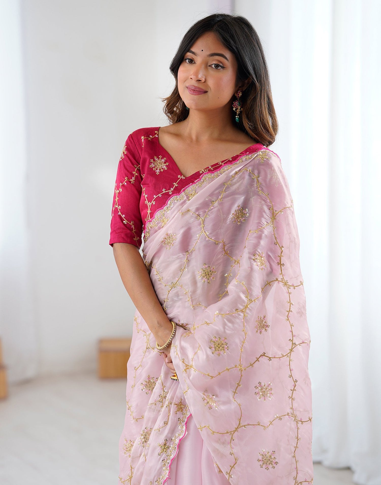 Light Pink Tissue Silk Sequence Embroidery Saree