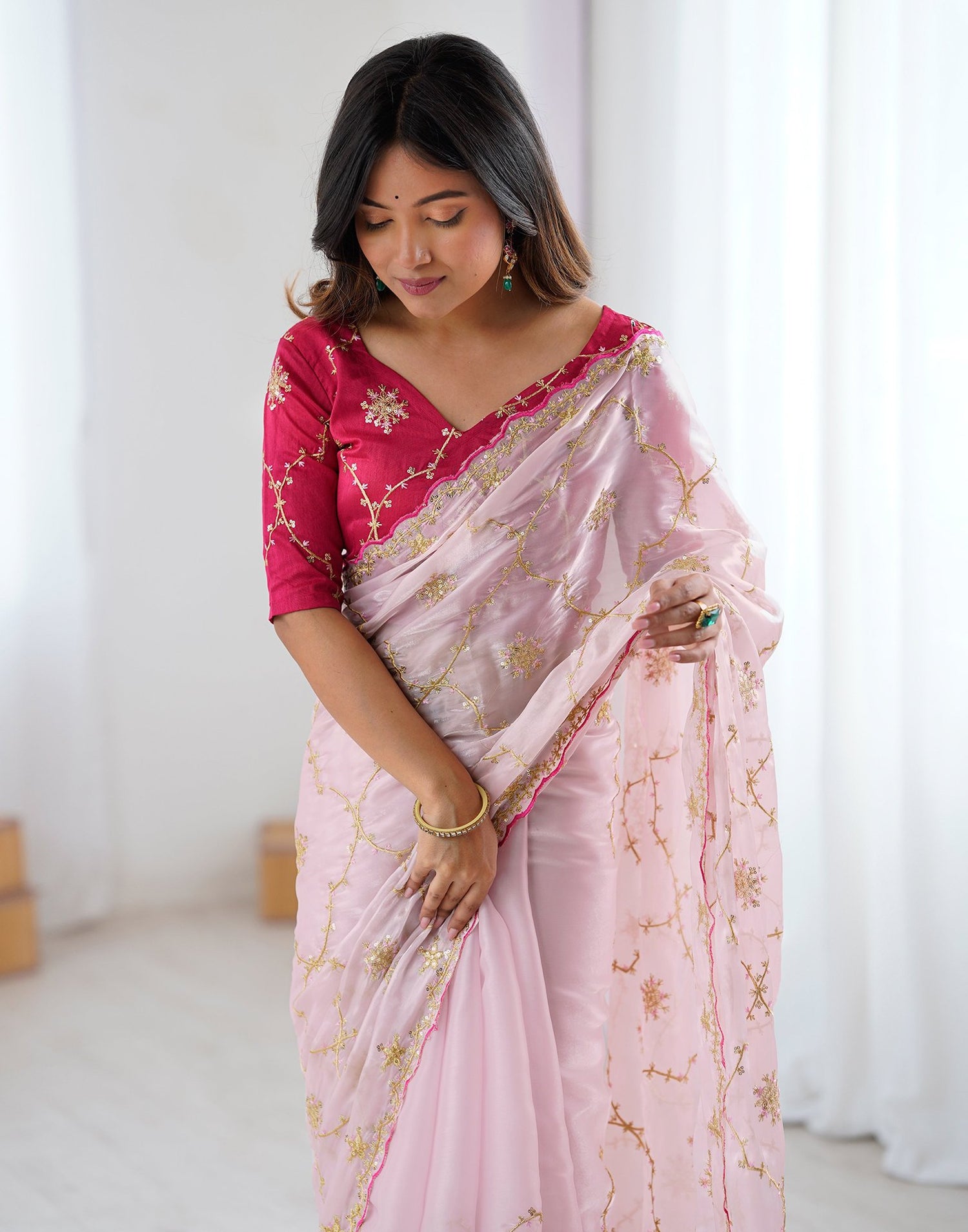 Light Pink Tissue Silk Sequence Embroidery Saree