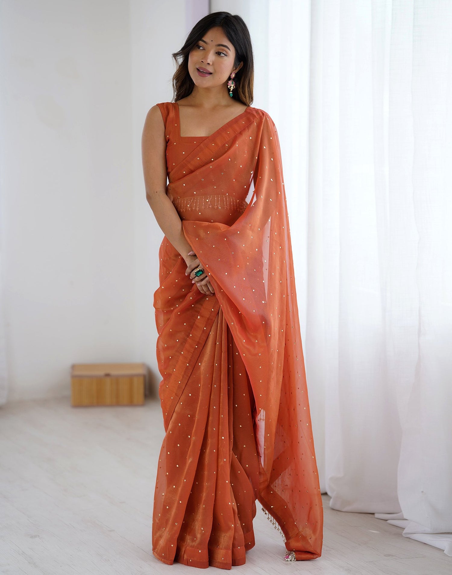 Rust Shimmer Foil Printed Saree