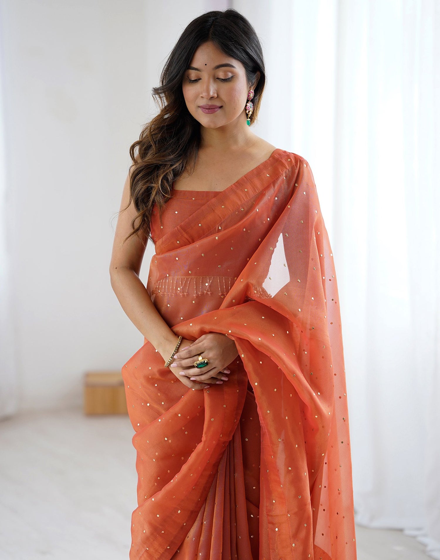 Rust Shimmer Foil Printed Saree