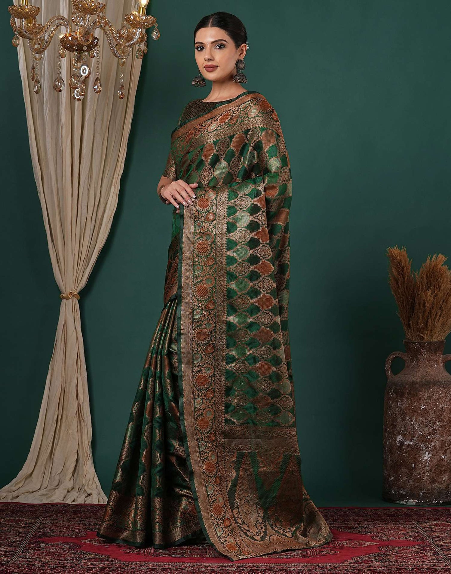 Dark Green Silk Woven Saree