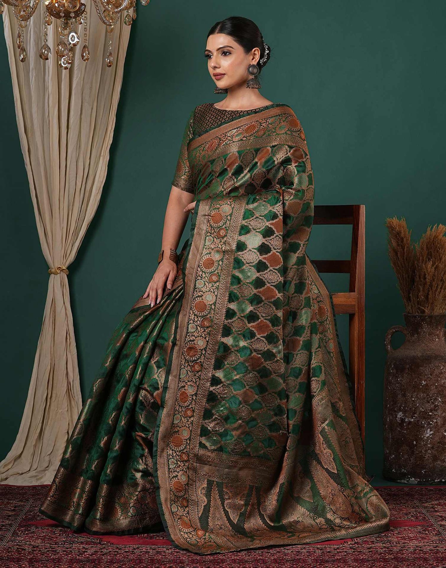 Dark Green Silk Woven Saree