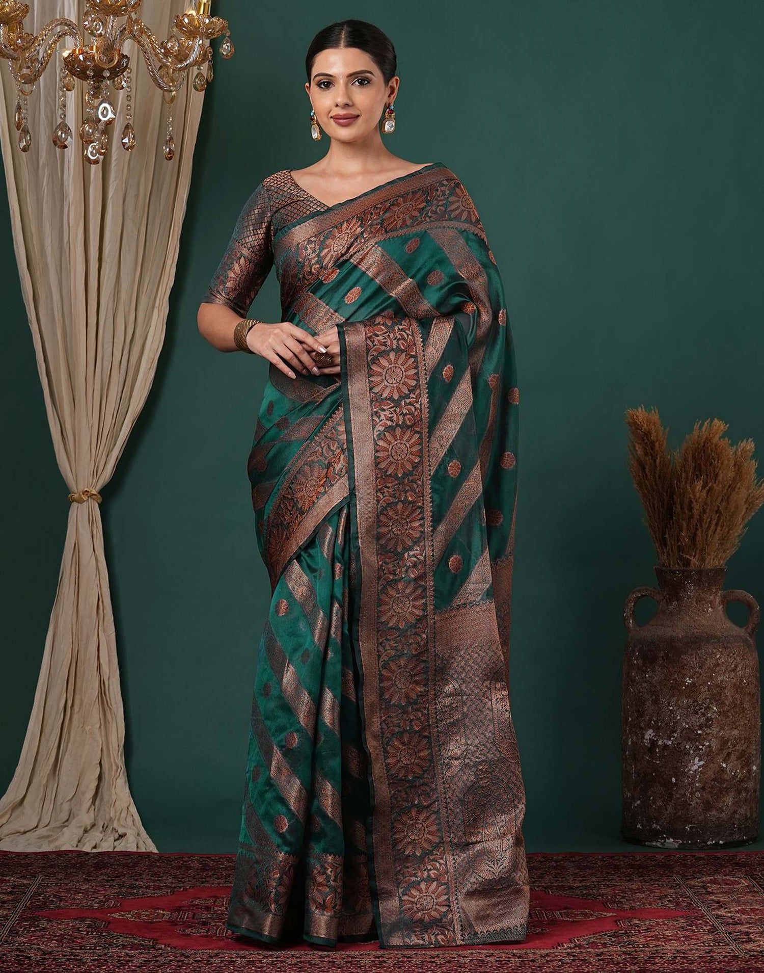 Teal Green Silk Woven Saree