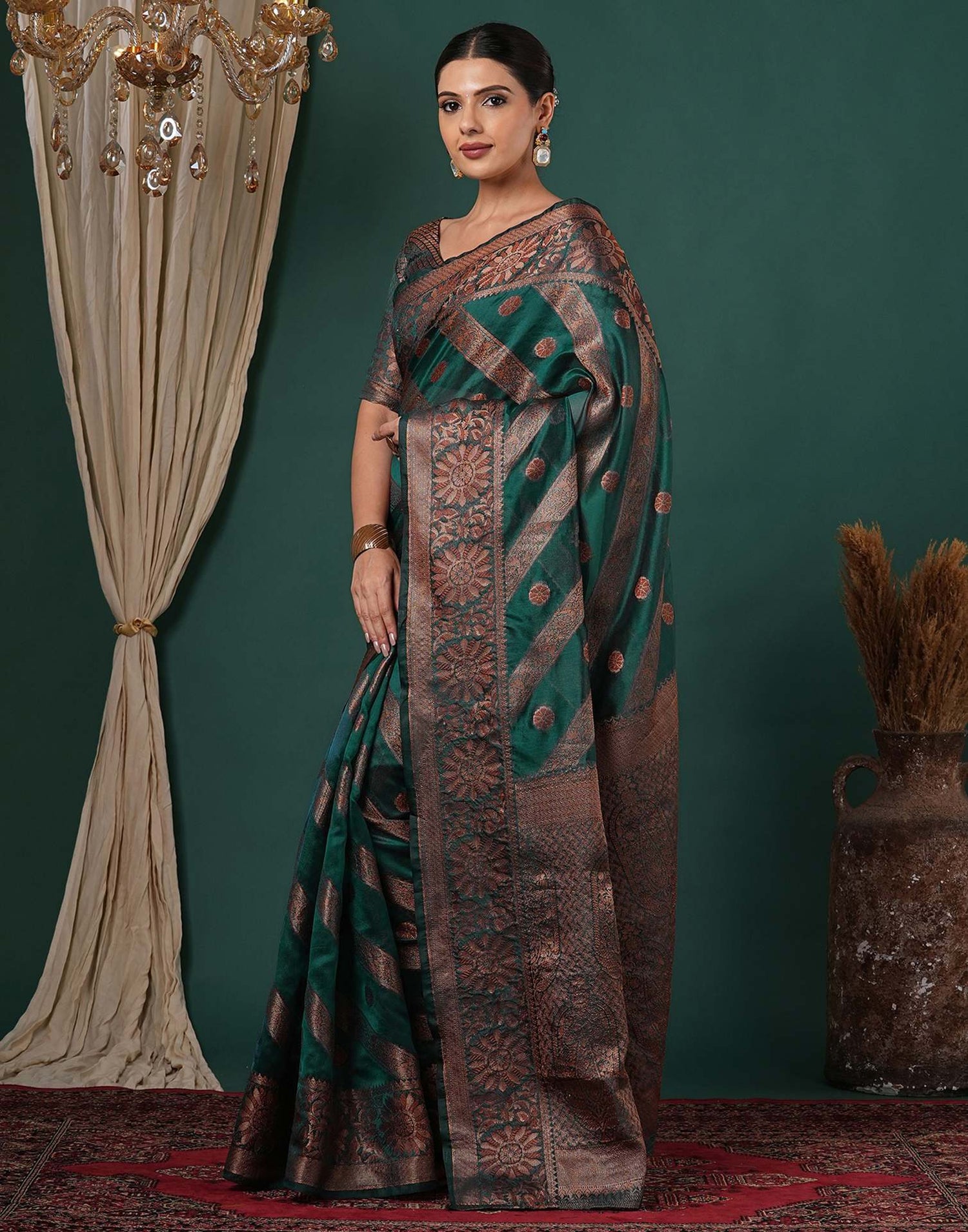 Teal Green Silk Woven Saree