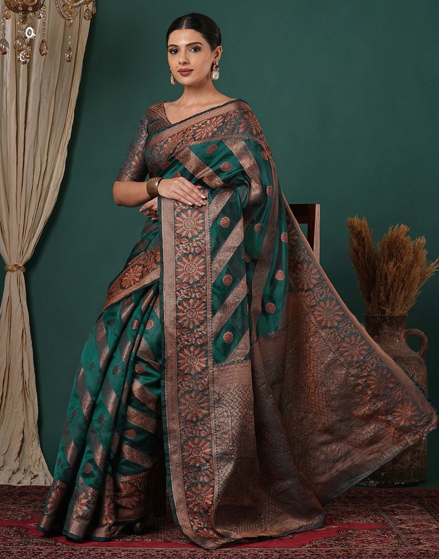Teal Green Silk Woven Saree