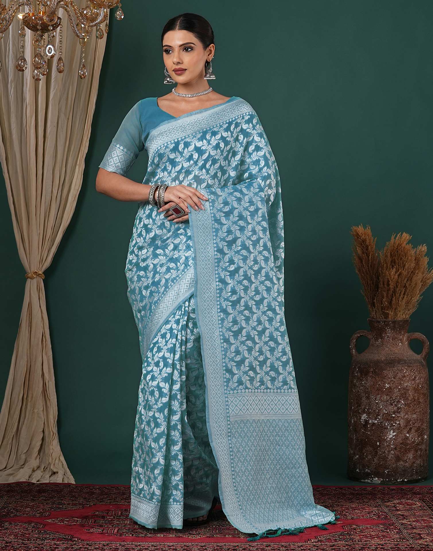 Turquoise Blue Chanderi Woven Saree