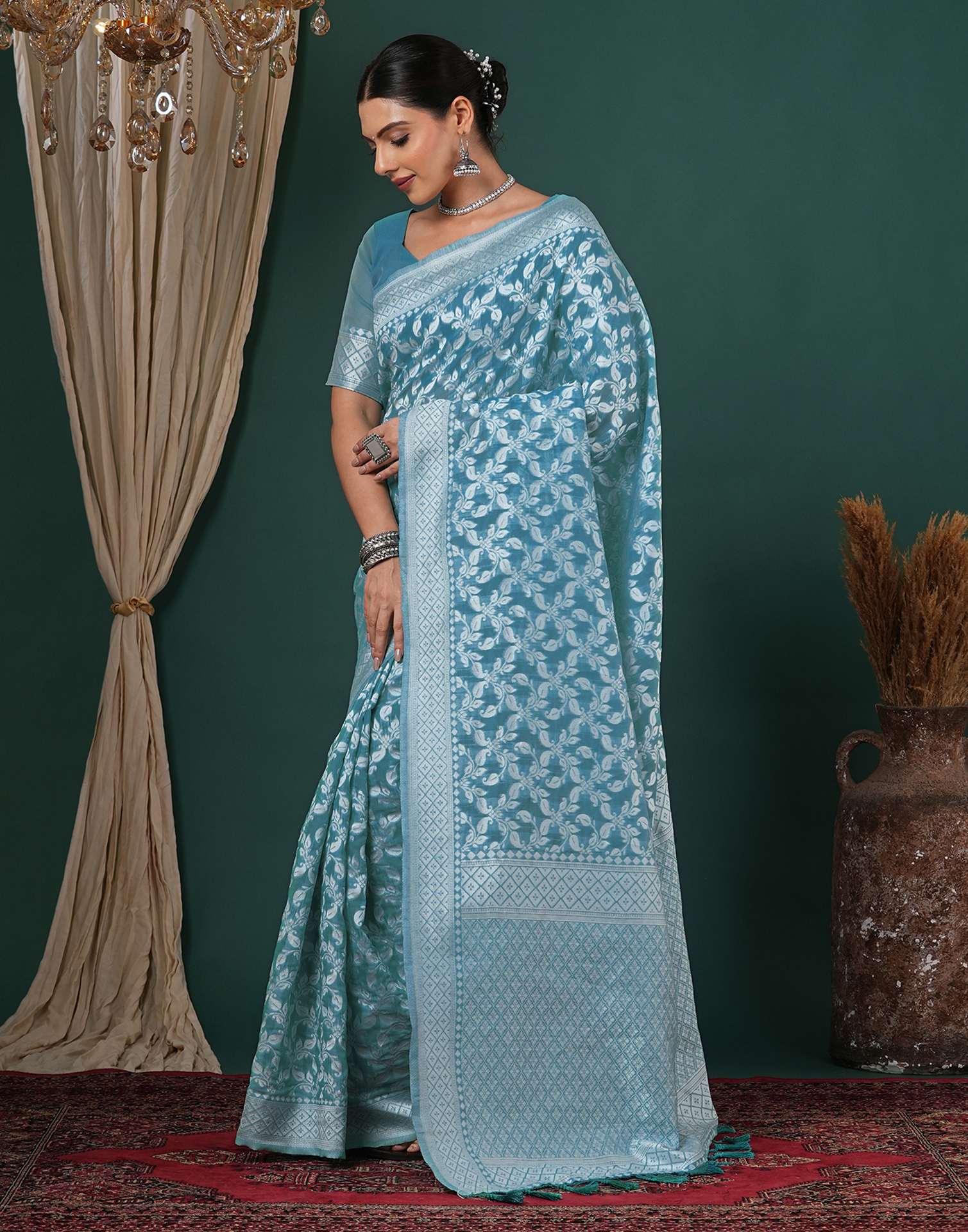 Turquoise Blue Chanderi Woven Saree