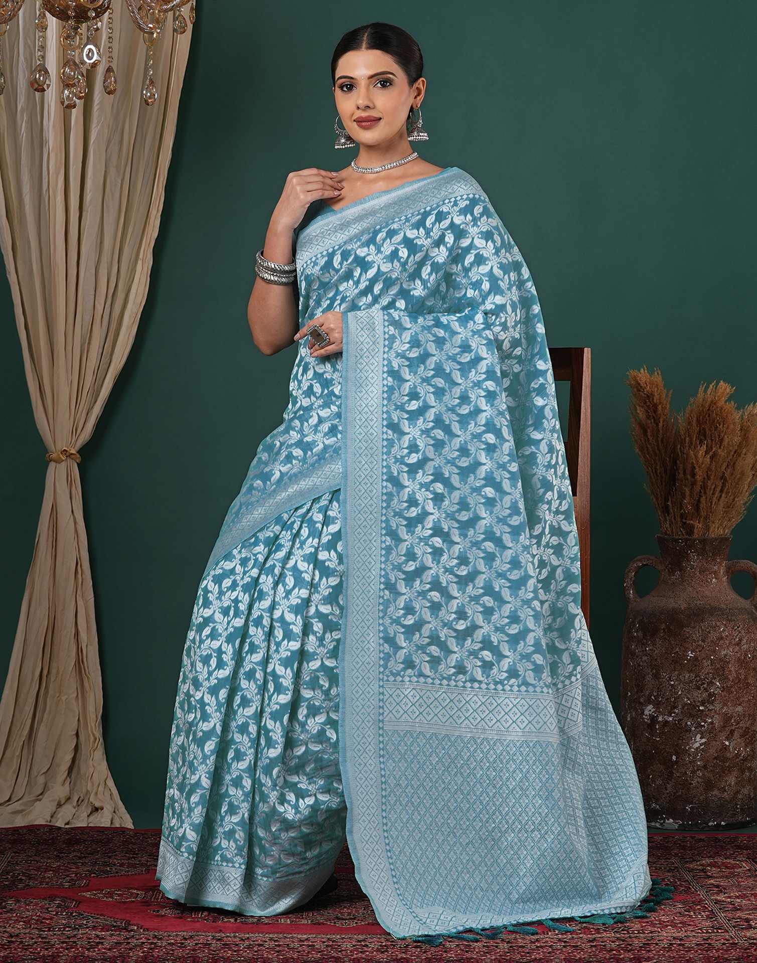 Turquoise Blue Chanderi Woven Saree