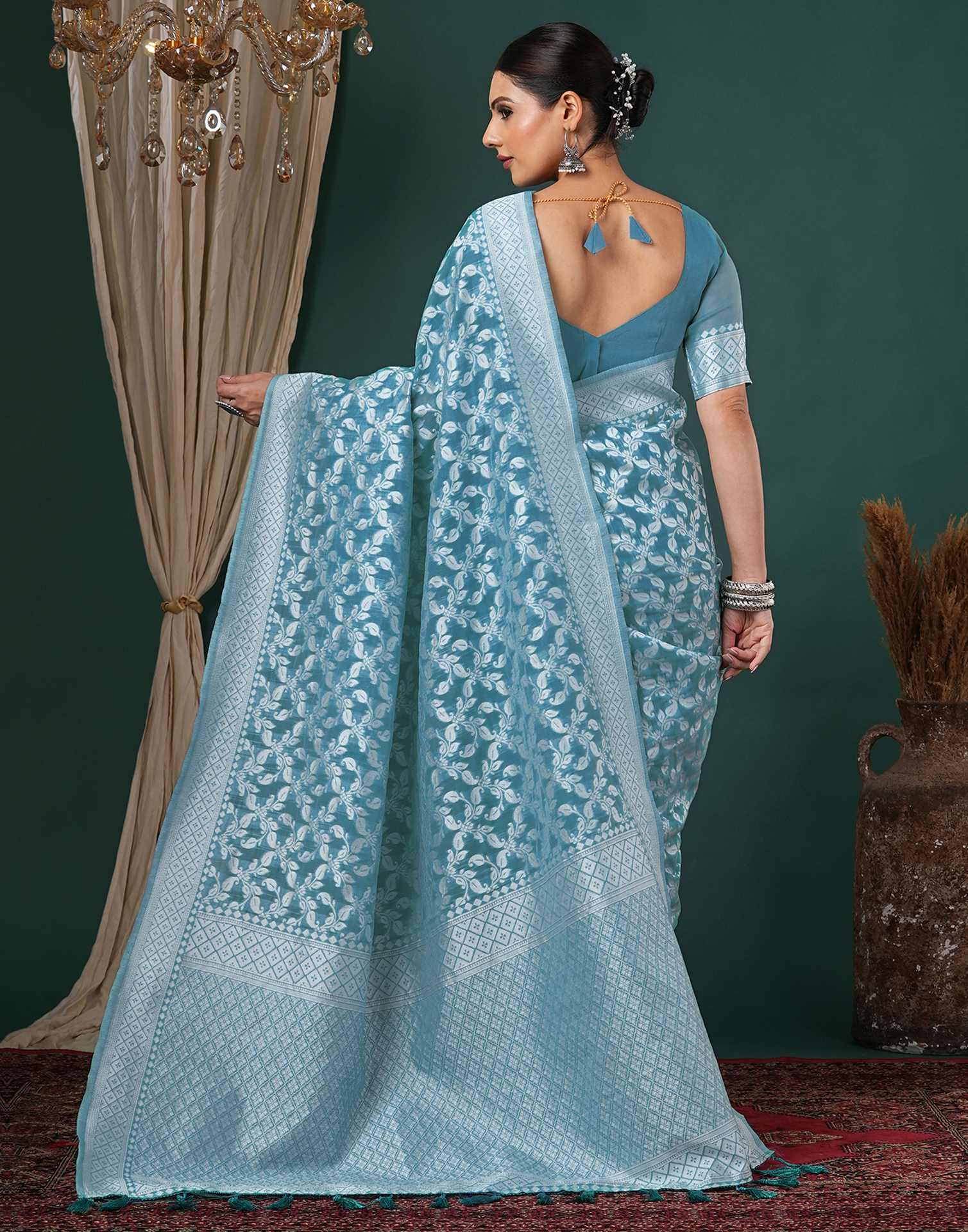 Turquoise Blue Chanderi Woven Saree