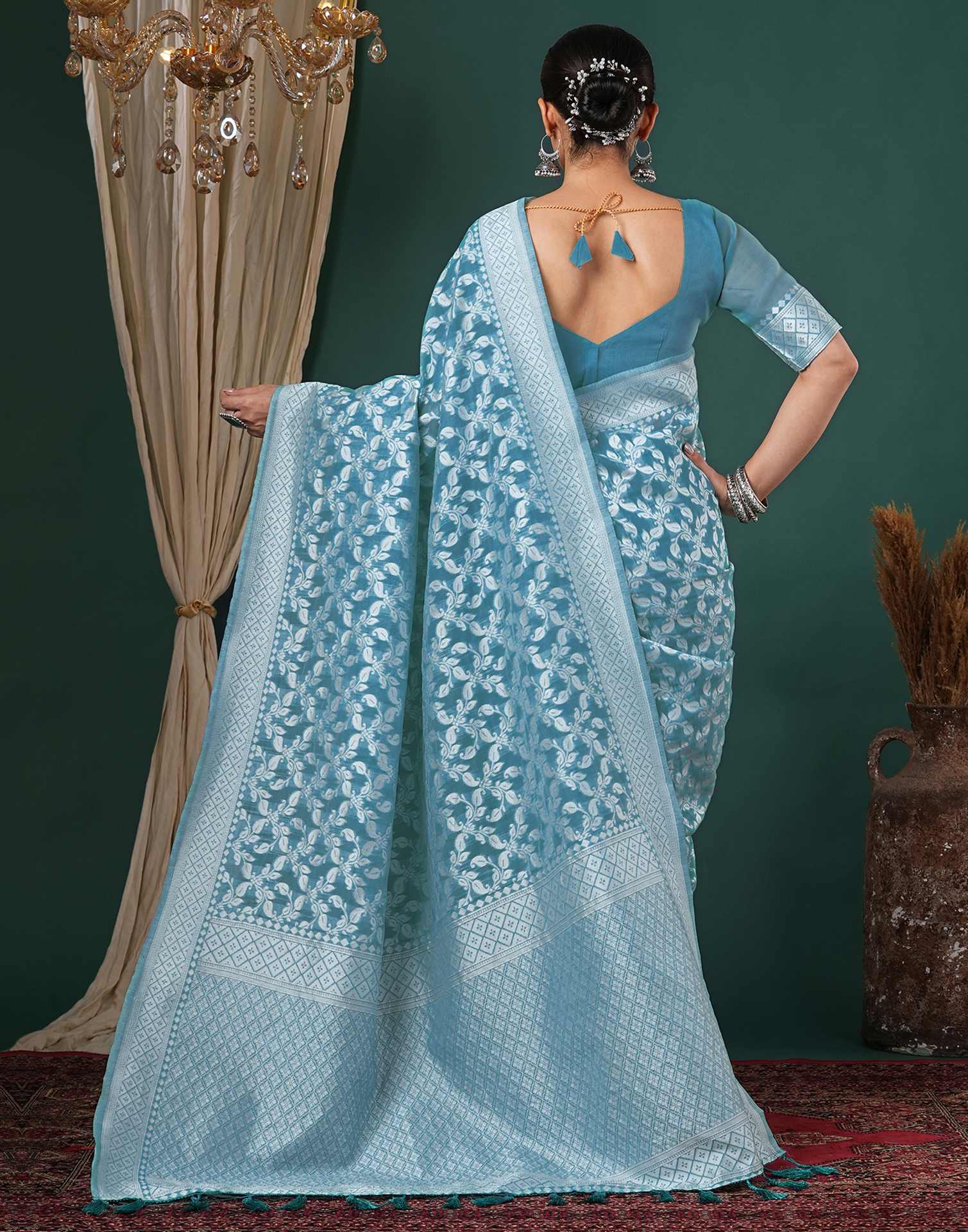 Turquoise Blue Chanderi Woven Saree