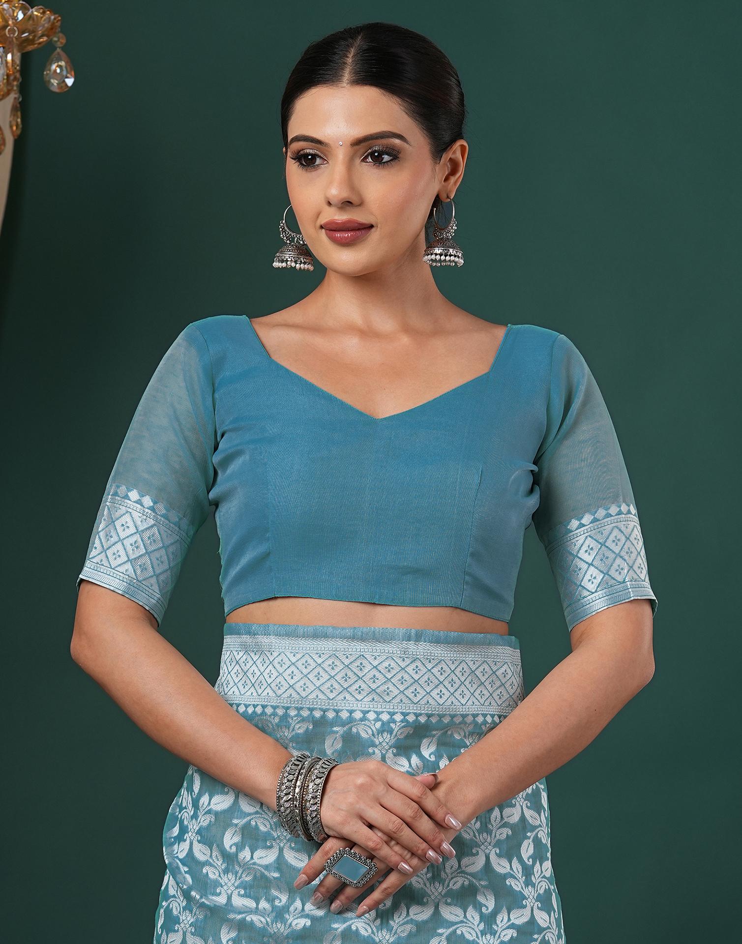 Turquoise Blue Chanderi Woven Saree