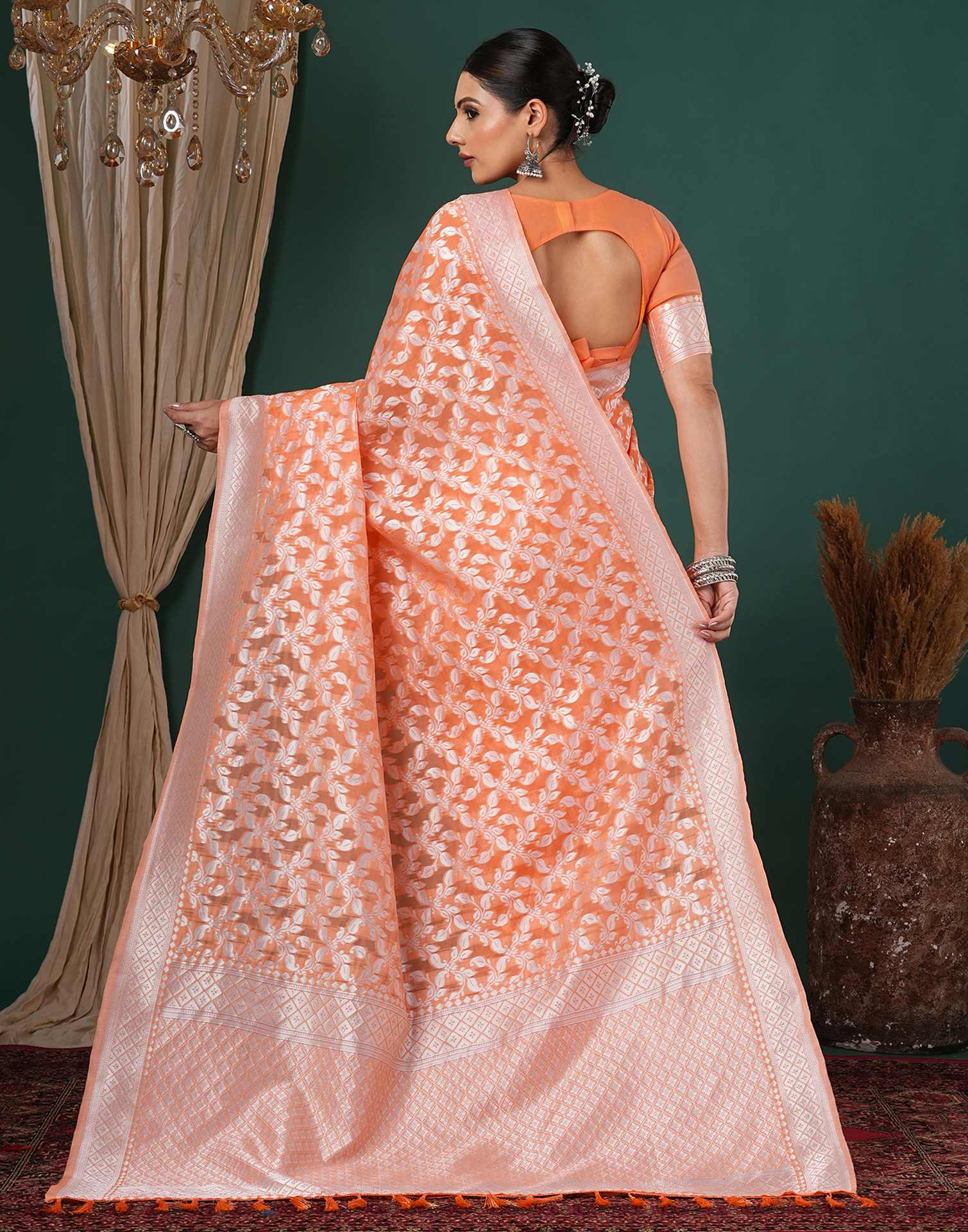 Light Orange Chanderi Woven Saree