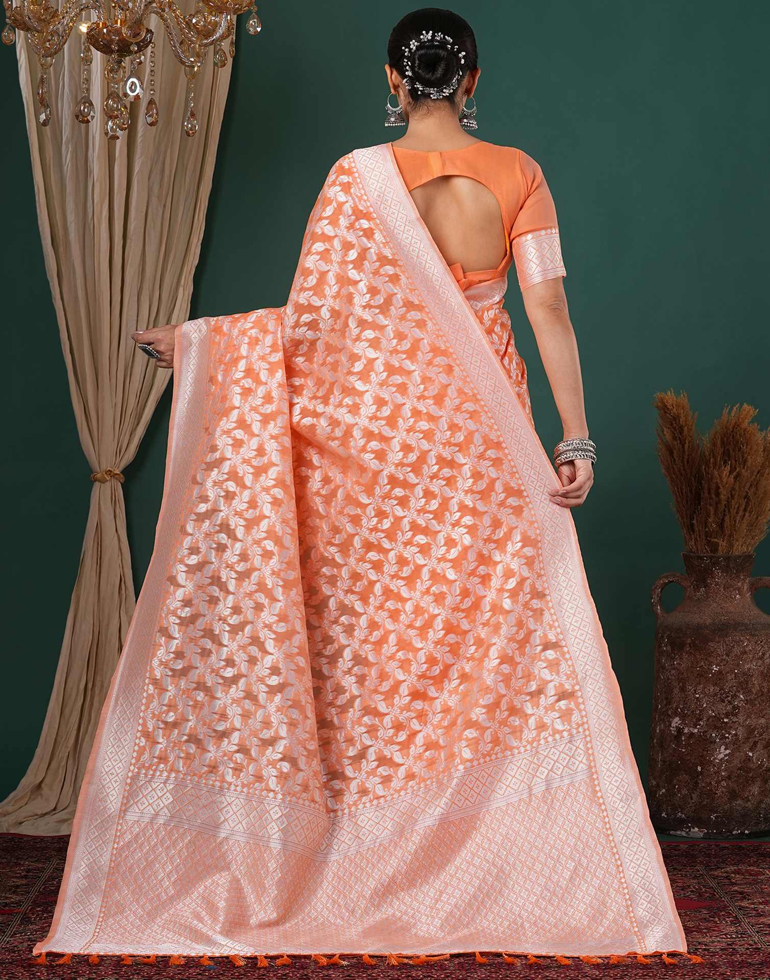 Light Orange Chanderi Woven Saree