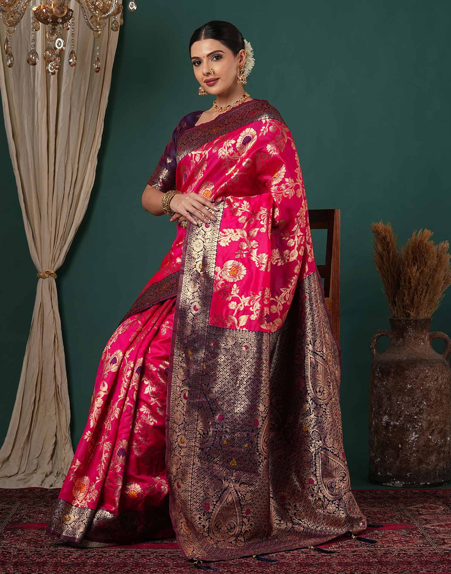 Rani Pink Silk Woven Banarasi Saree