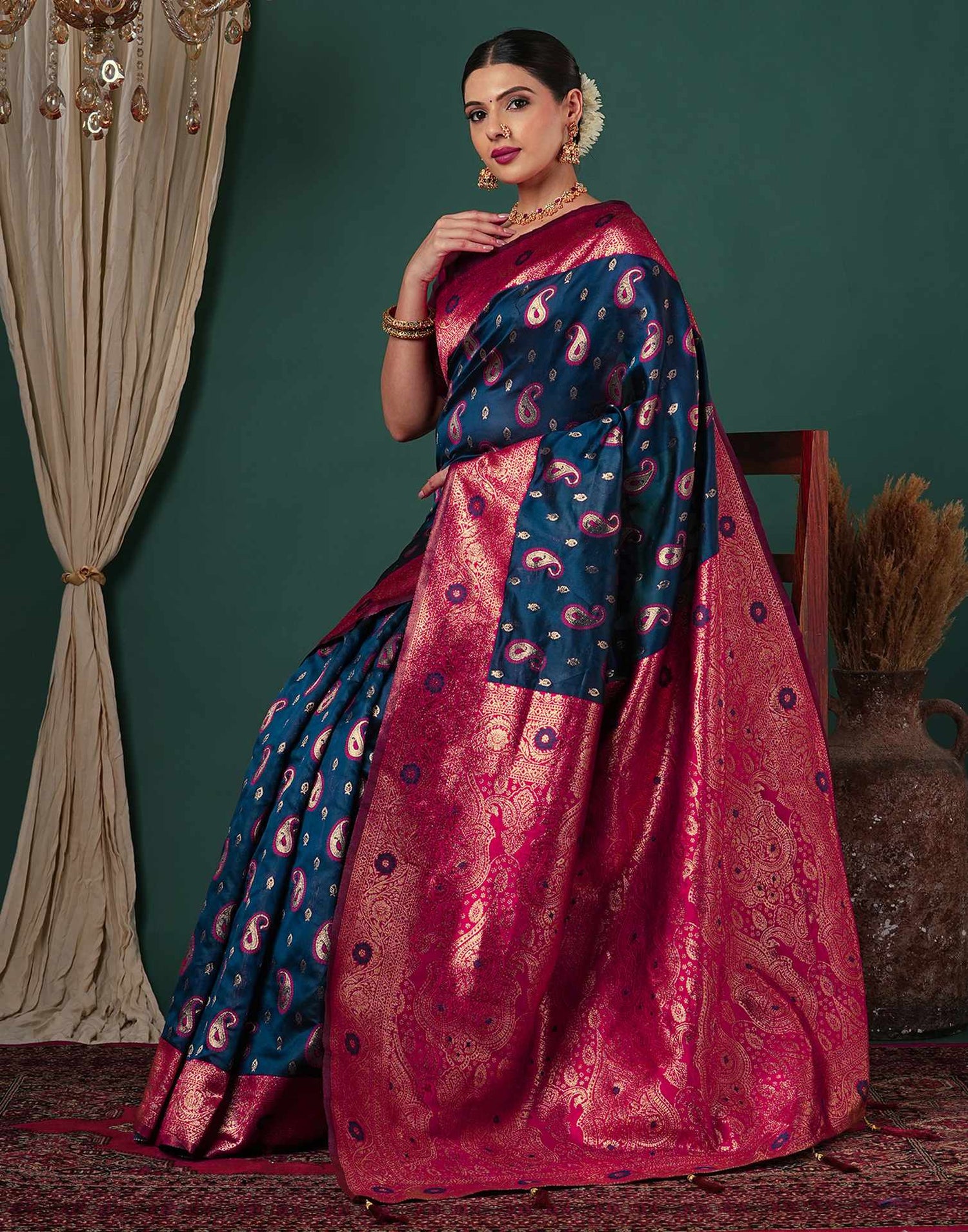 Rama Blue Silk Woven Banarasi Saree