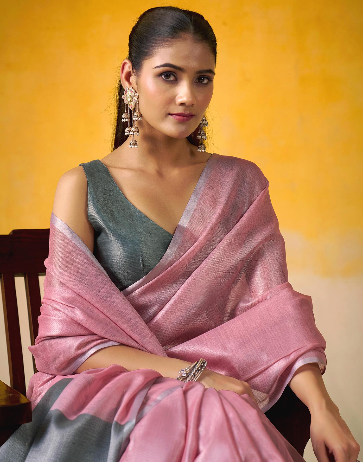 Pink Tissue Silk Woven Plain Saree