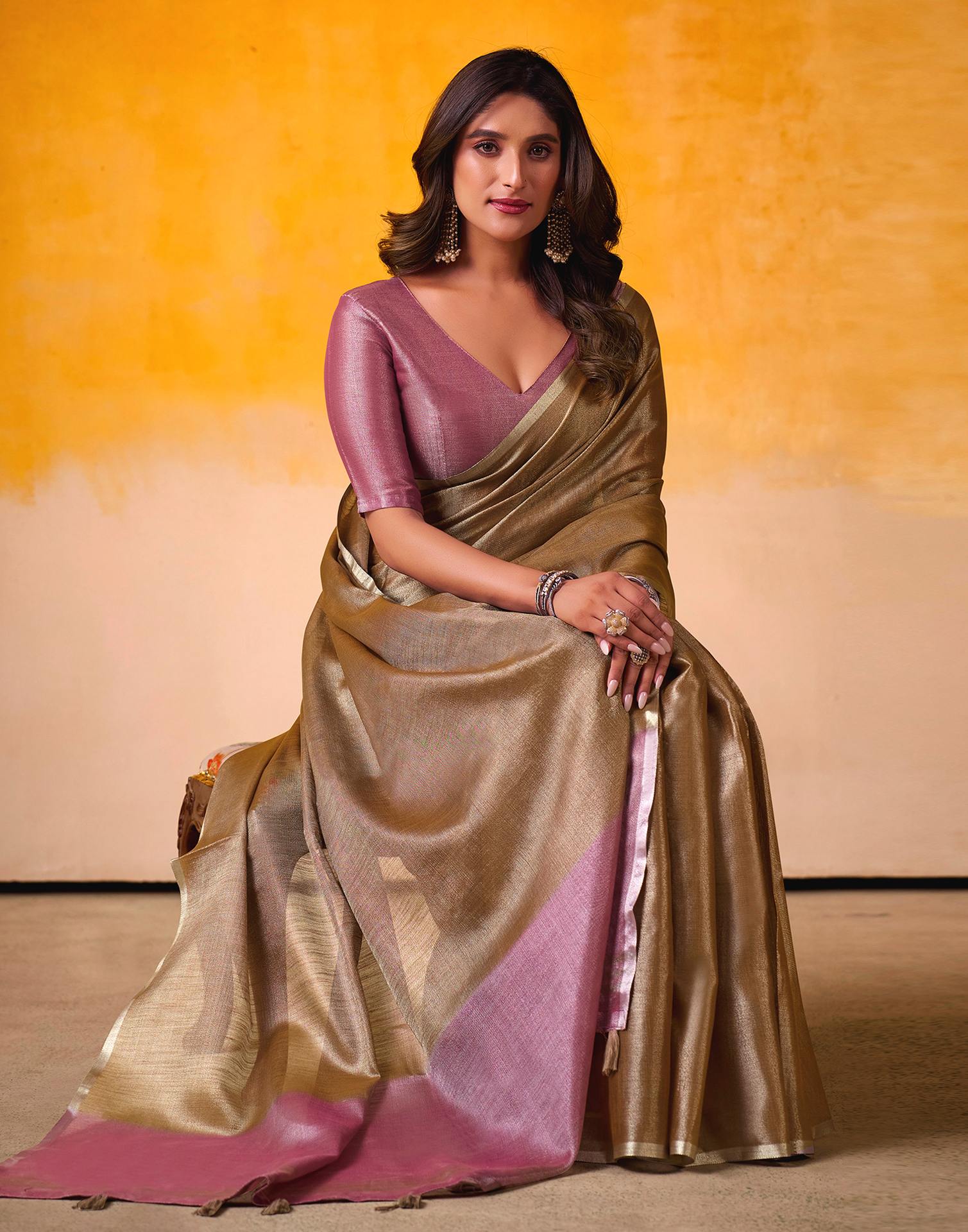 Golden Brown Tissue Silk Woven Plain Saree
