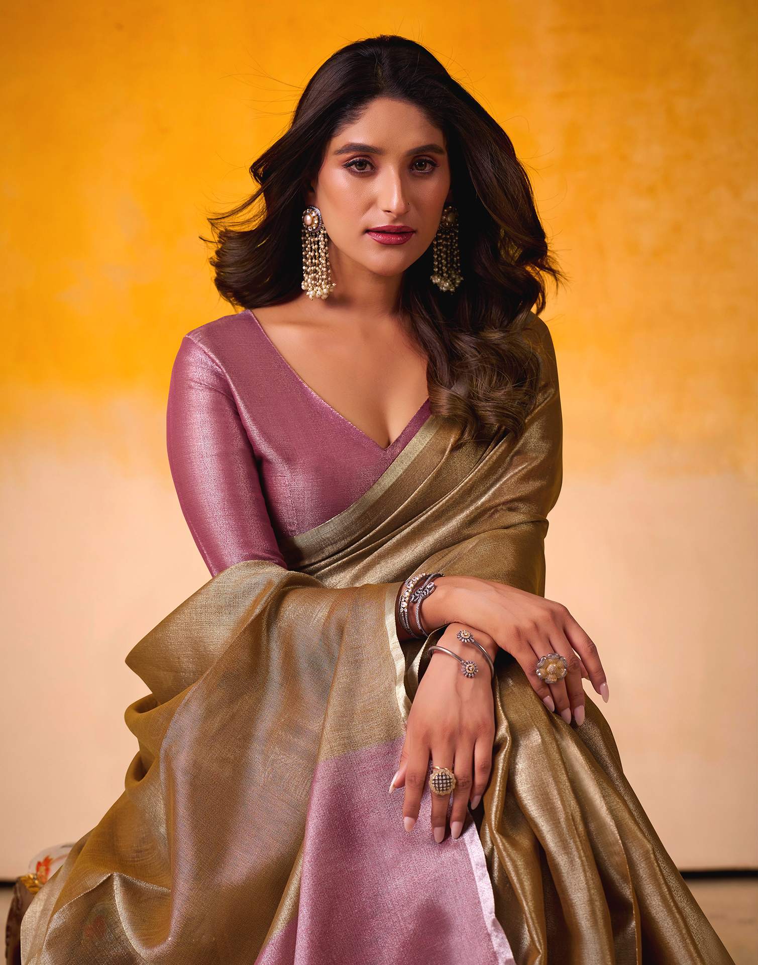 Golden Brown Tissue Silk Woven Plain Saree