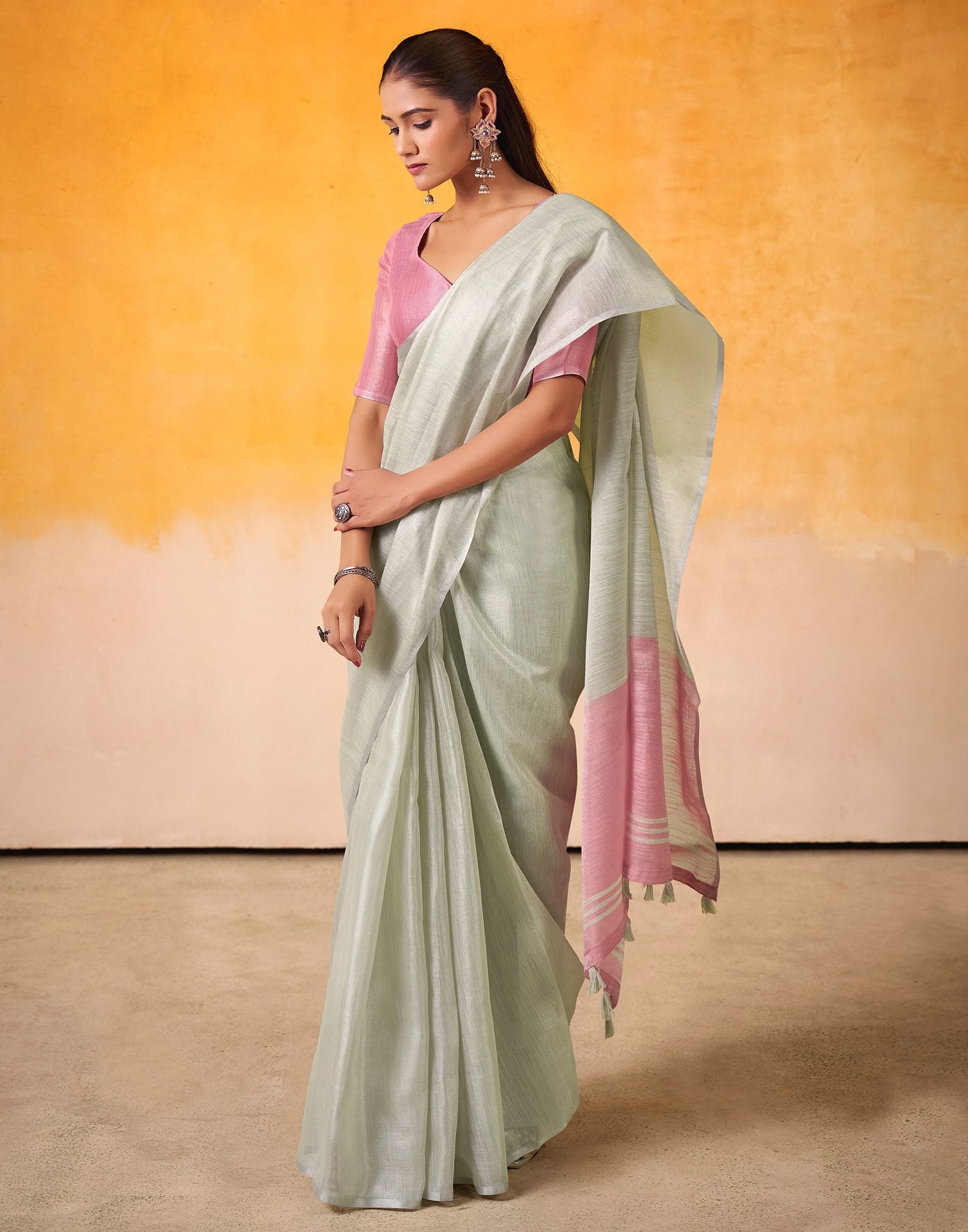 Light Green Tissue Silk Woven Plain Saree