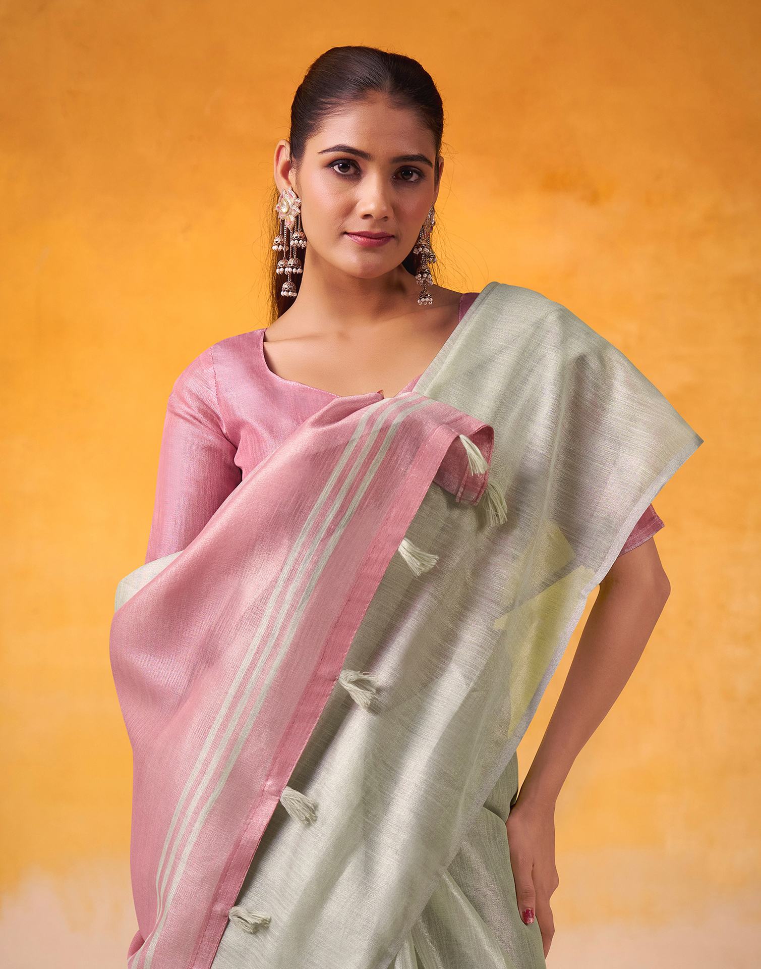 Light Green Tissue Silk Woven Plain Saree