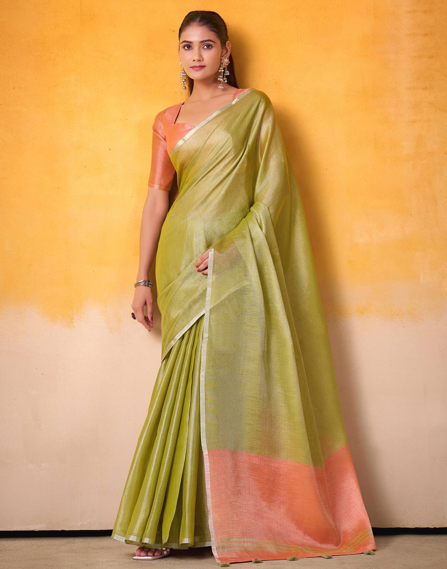Mehandi Green Tissue Silk Woven Plain Saree