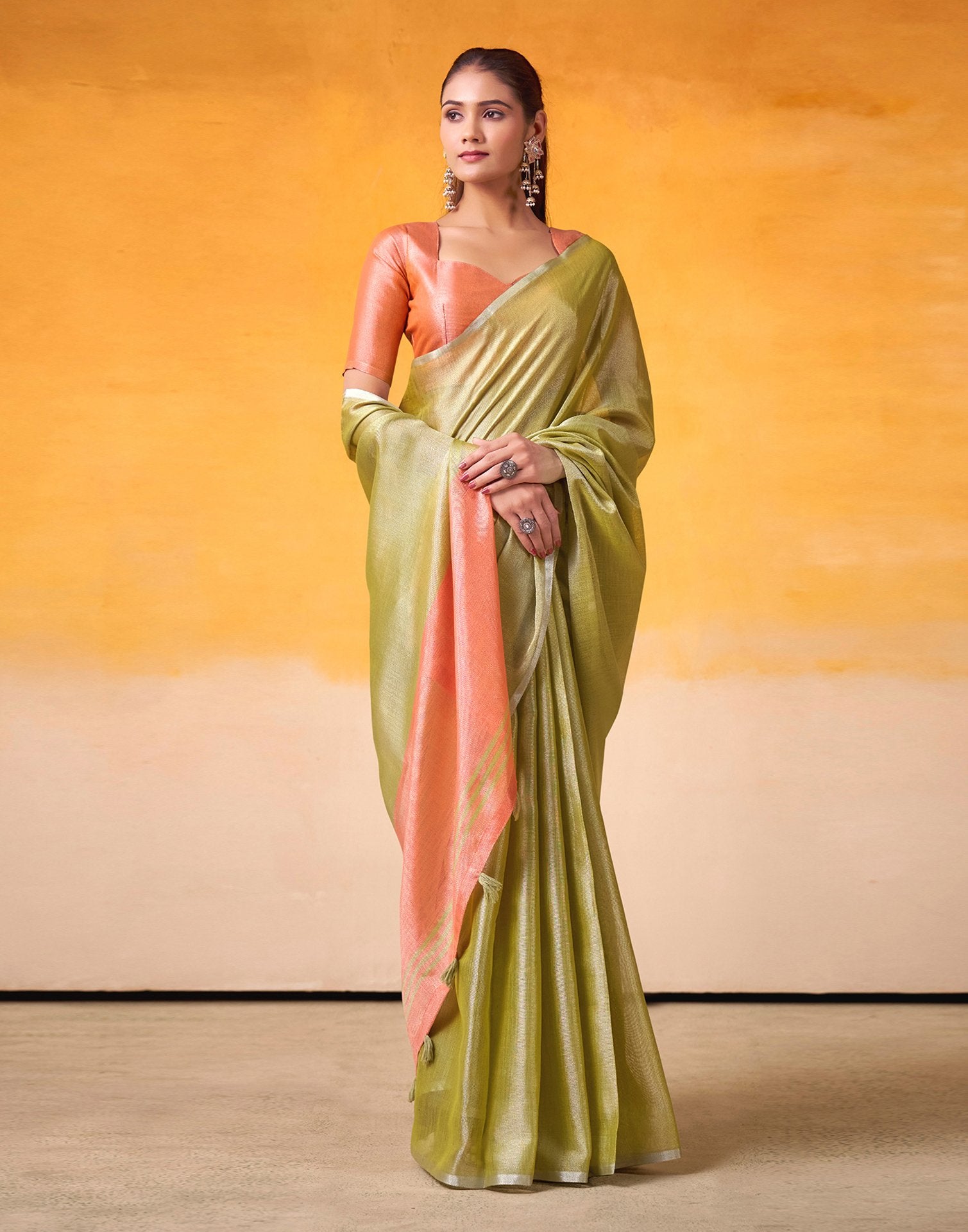 Mehandi Green Tissue Silk Woven Plain Saree